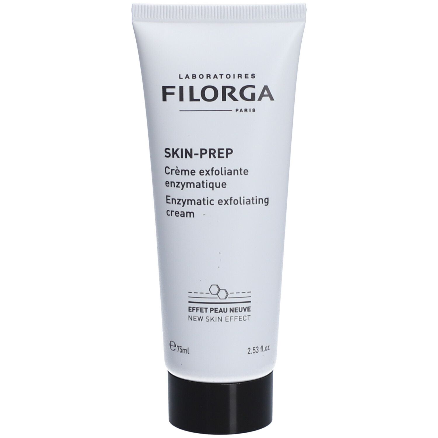 Weiße Tube mit schwarzem Deckel. Aufschrift: FILORGA, SKIN-PREP, enzymatische Peeling-Creme. 75ml.