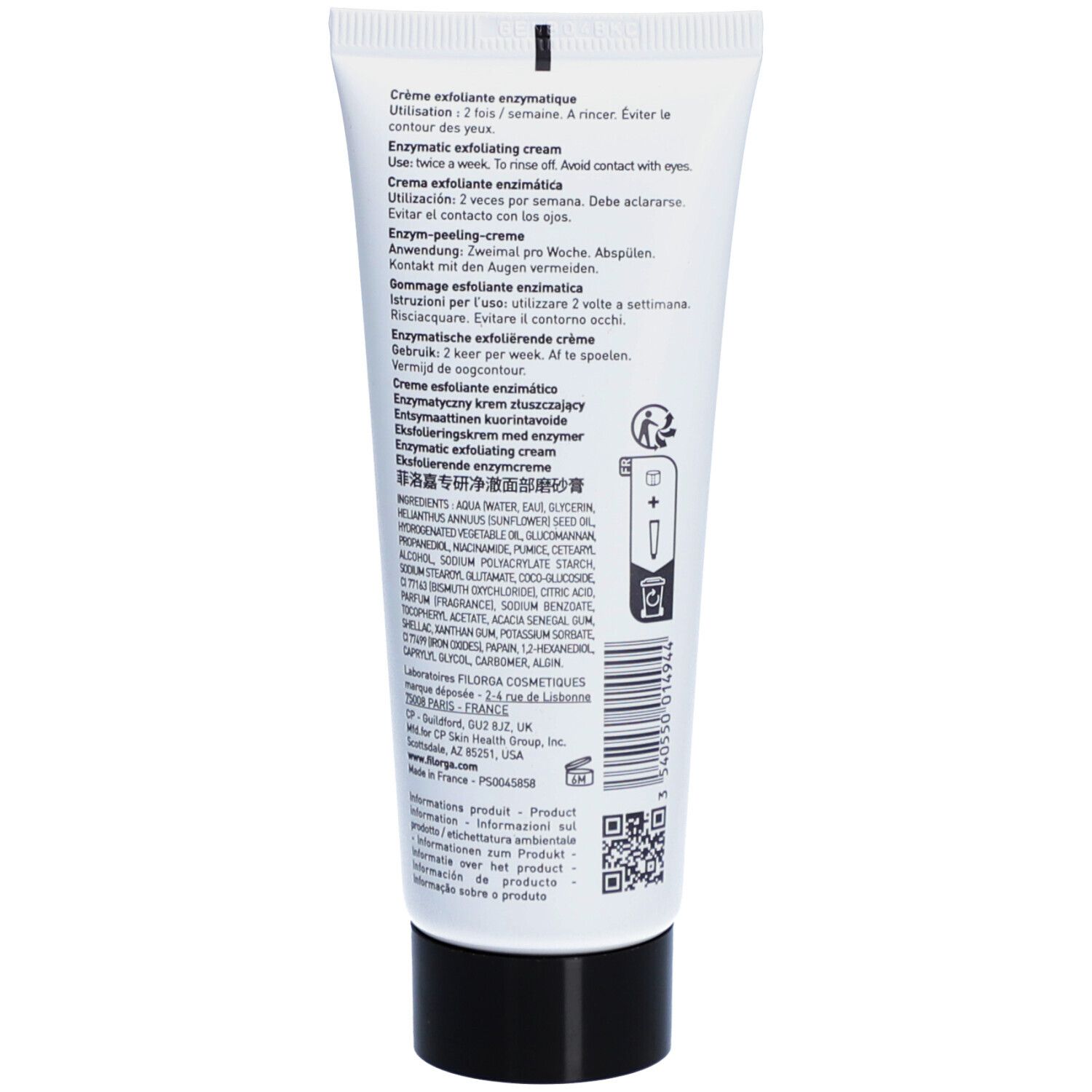 Weiße Tube mit schwarzem Deckel. Aufschrift: FILORGA, SKIN-PREP, enzymatische Peeling-Creme. 75ml.