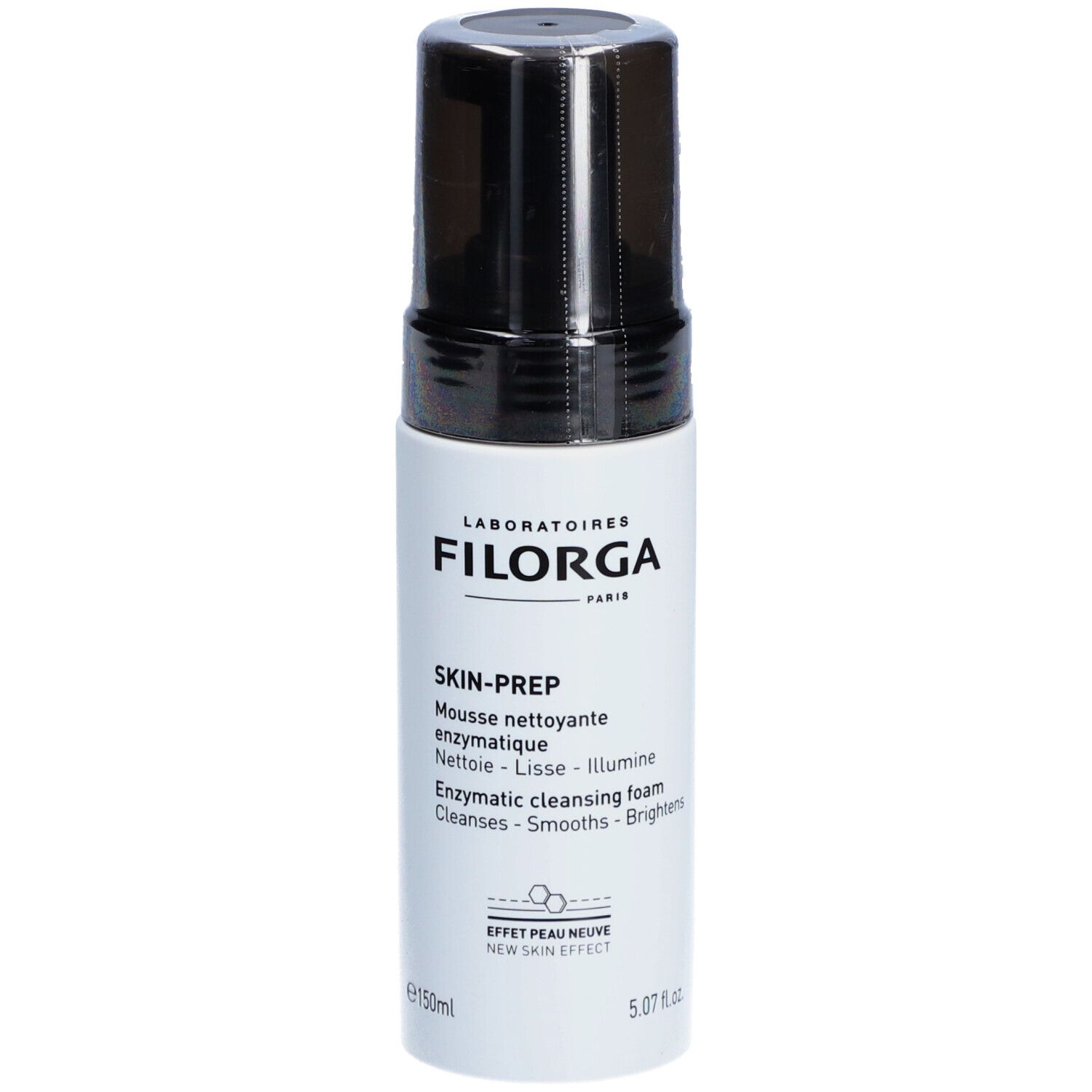 Filorga Skin-Prep Reinigungsschaum-Fläschchen, weiß mit schwarzem Pumpkopf. Produktetikett mit Text.
