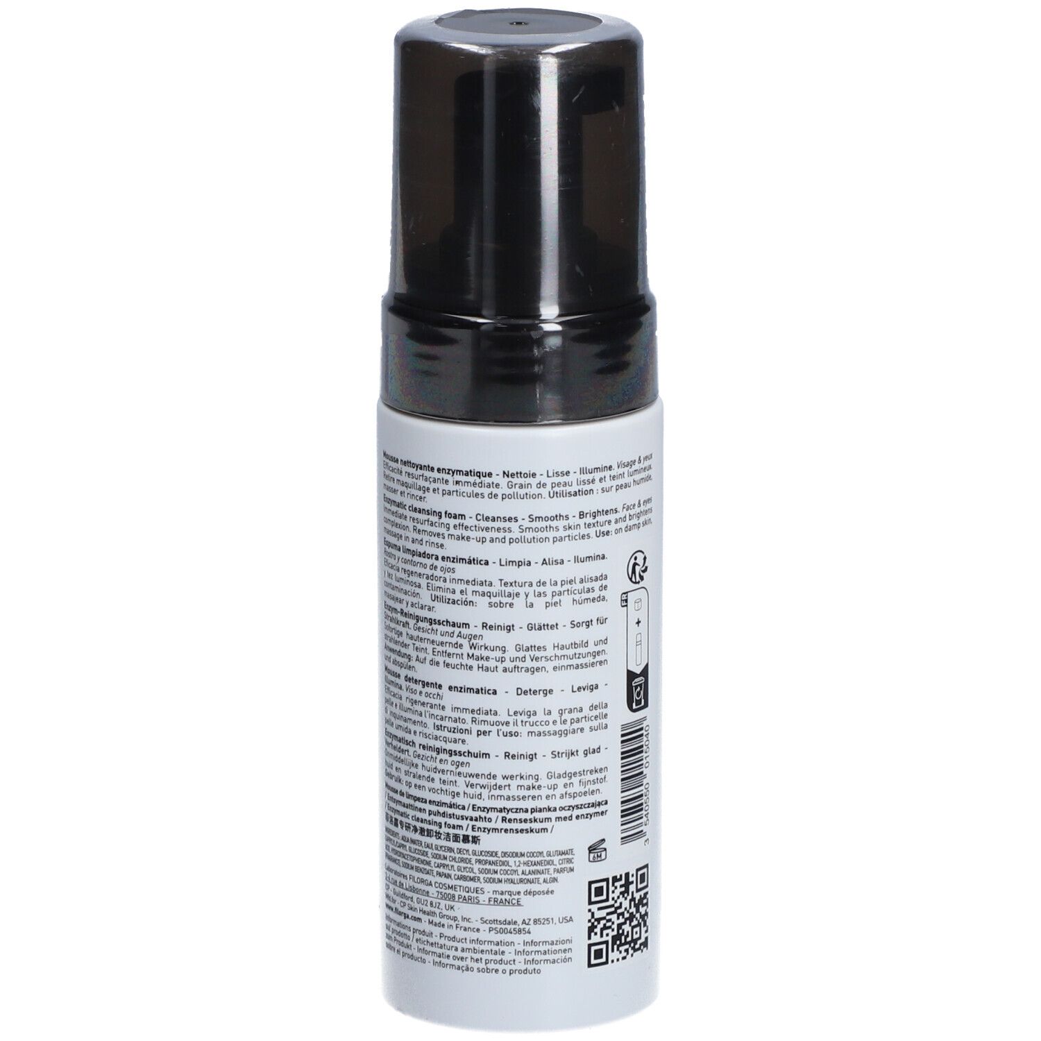 Filorga Skin-Prep Reinigungsschaum-Fläschchen, Rückseite. Text auf weißem Etikett.