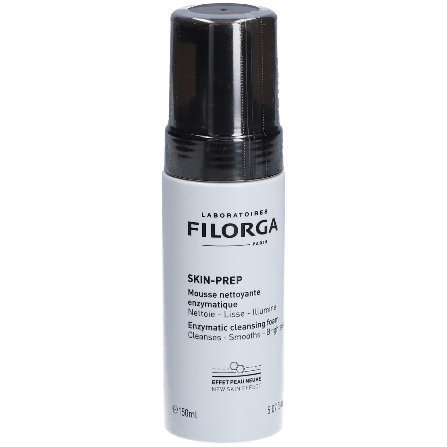 Filorga Skin-Prep Reinigungsschaum-Fläschchen, weiß mit schwarzem Pumpkopf. Produktetikett mit Text.