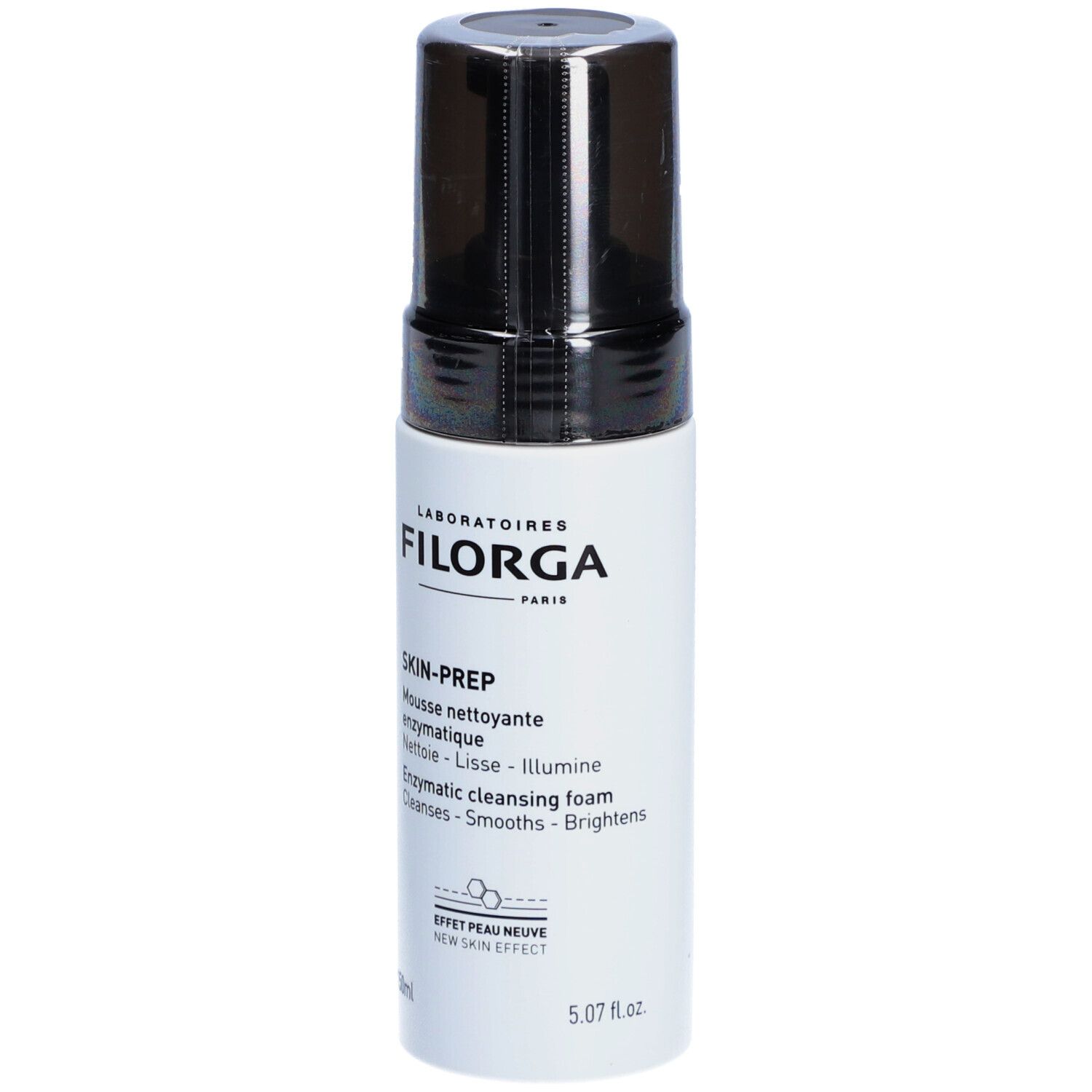 Filorga Skin-Prep Reinigungsschaum-Fläschchen, weiß mit schwarzem Pumpkopf. Produktetikett mit Text.