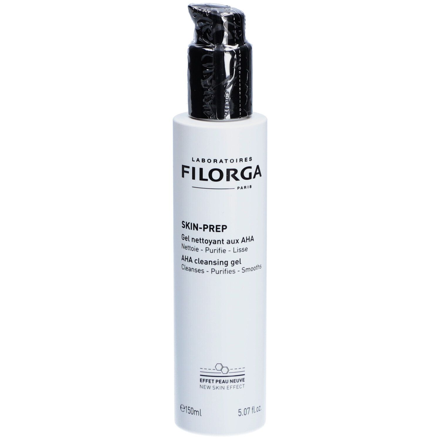 Weißes Fläschchen mit schwarzem Pumpkopf. Aufschrift: Filorga, Skin-Prep, AHA-Reinigungsgel. 150ml.
