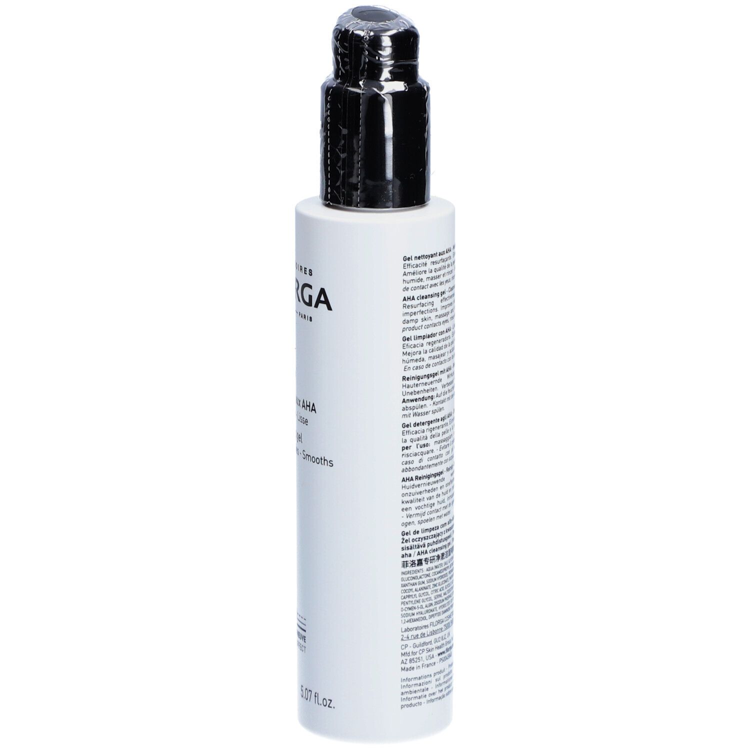 Weißes Fläschchen mit schwarzem Pumpkopf. Aufschrift: Filorga, Skin-Prep, AHA-Reinigungsgel. 150ml.