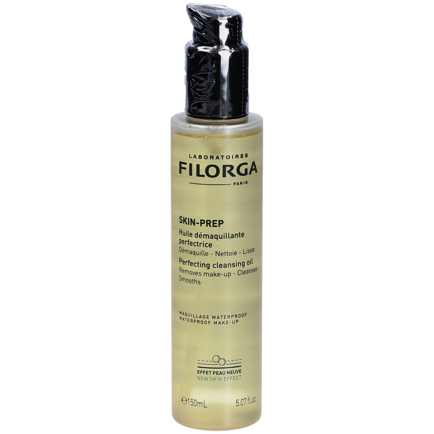 Filorga Skin-Prep Reinigungsöl. Flasche mit schwarzem Pumpverschluss. Produktetikett mit Text.