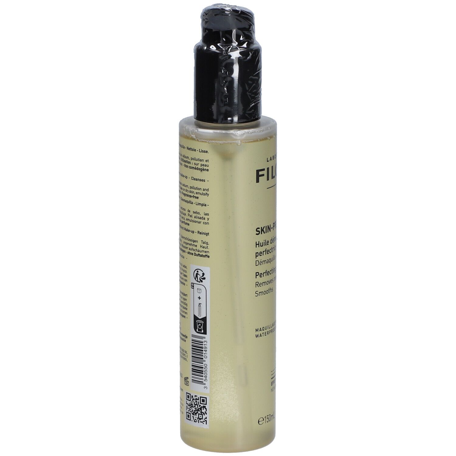 Filorga Skin-Prep Reinigungsöl. Flasche mit schwarzem Pumpverschluss. Produktetikett mit Text.