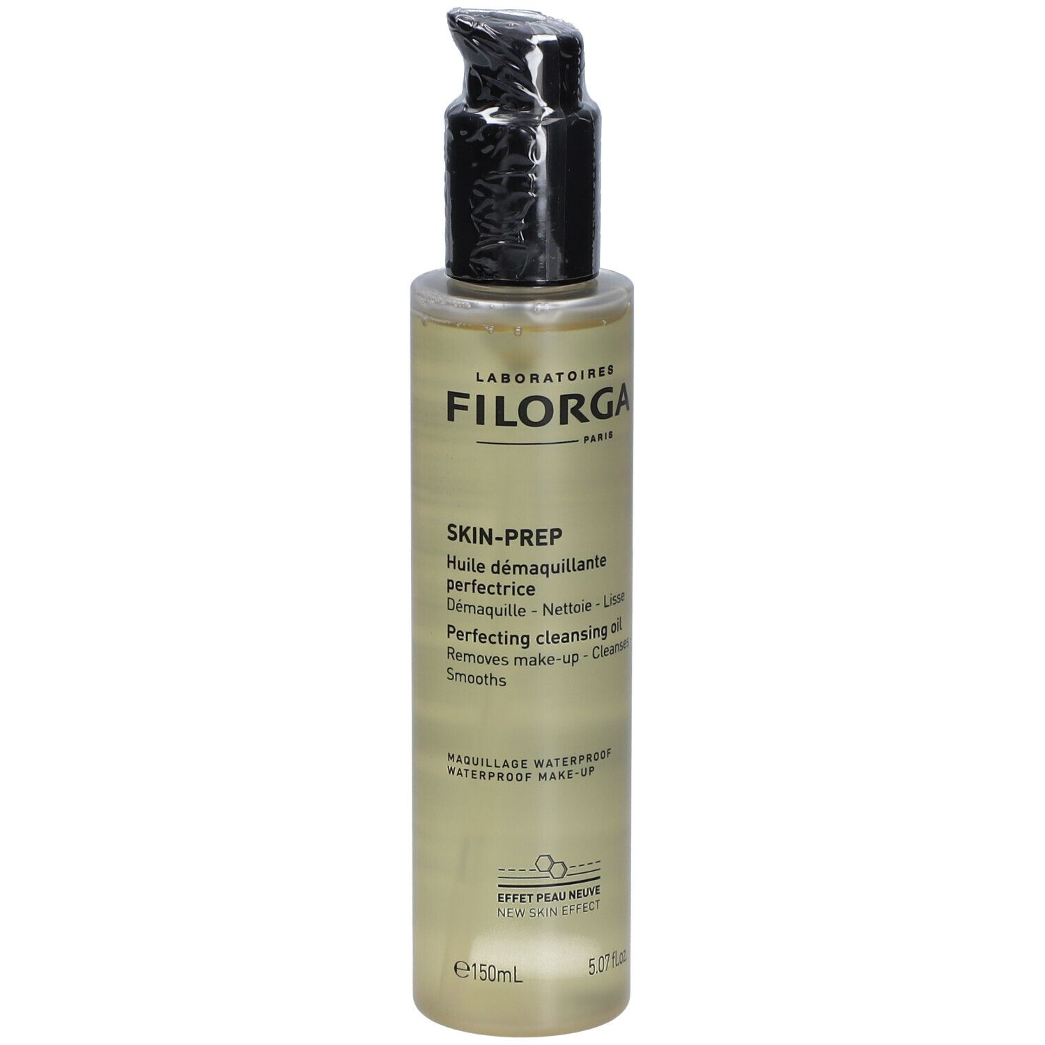 Filorga Skin-Prep Reinigungsöl. Flasche mit schwarzem Pumpverschluss. Produktetikett mit Text.