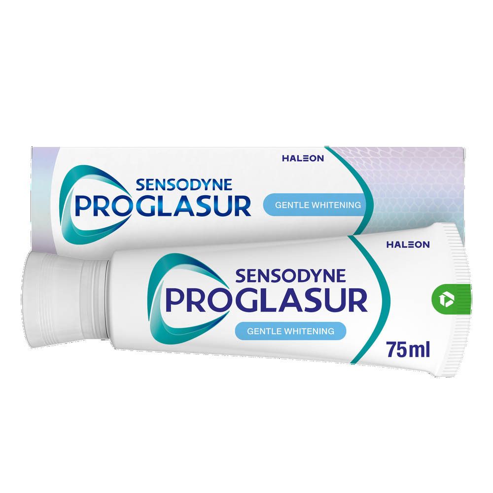 Tube et emballage de dentifrice. Sensodyne Proglasur, blanchiment doux. 75ml.