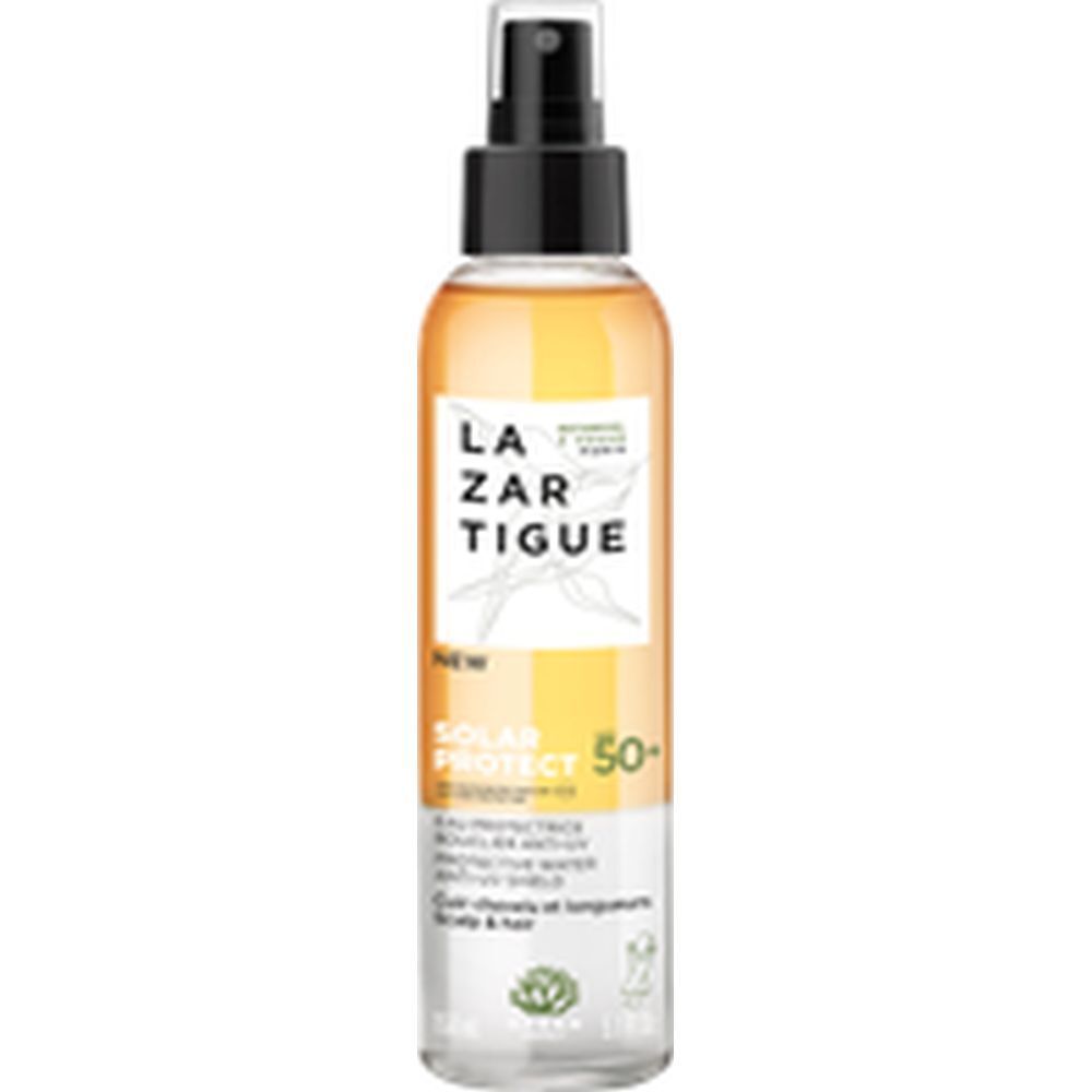 Flacon transparent avec liquide jaunâtre et tête noire. Inscription: LAZARTIGUE, SOLAR PROTECT 50+.