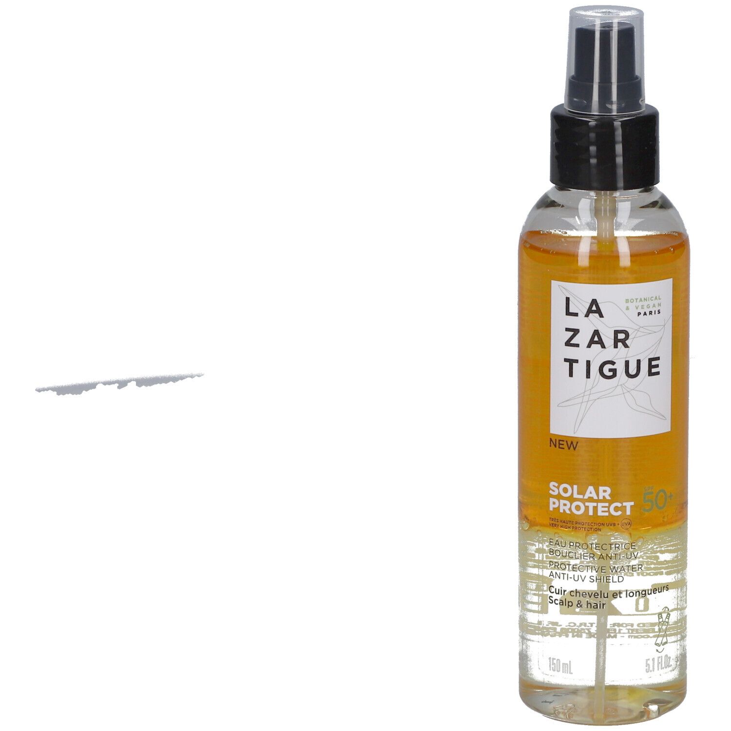 Klarflüssiges Spray mit schwarzem Sprühkopf. Aufschrift: LAZARTIGUE, SOLAR PROTECT 50+.