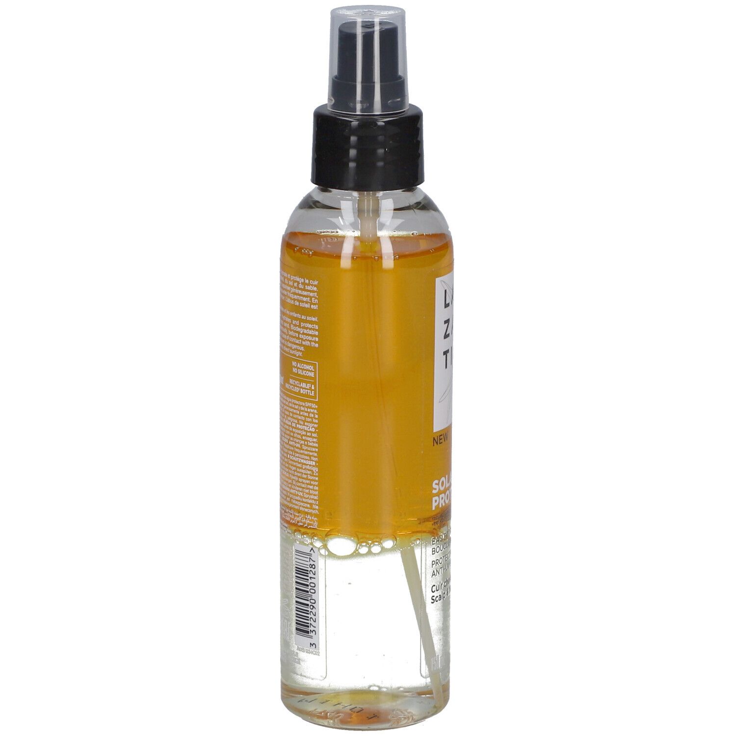 Transparente Flasche mit gelblicher Flüssigkeit und schwarzem Sprühkopf. Aufschrift: LAZARTIGUE.