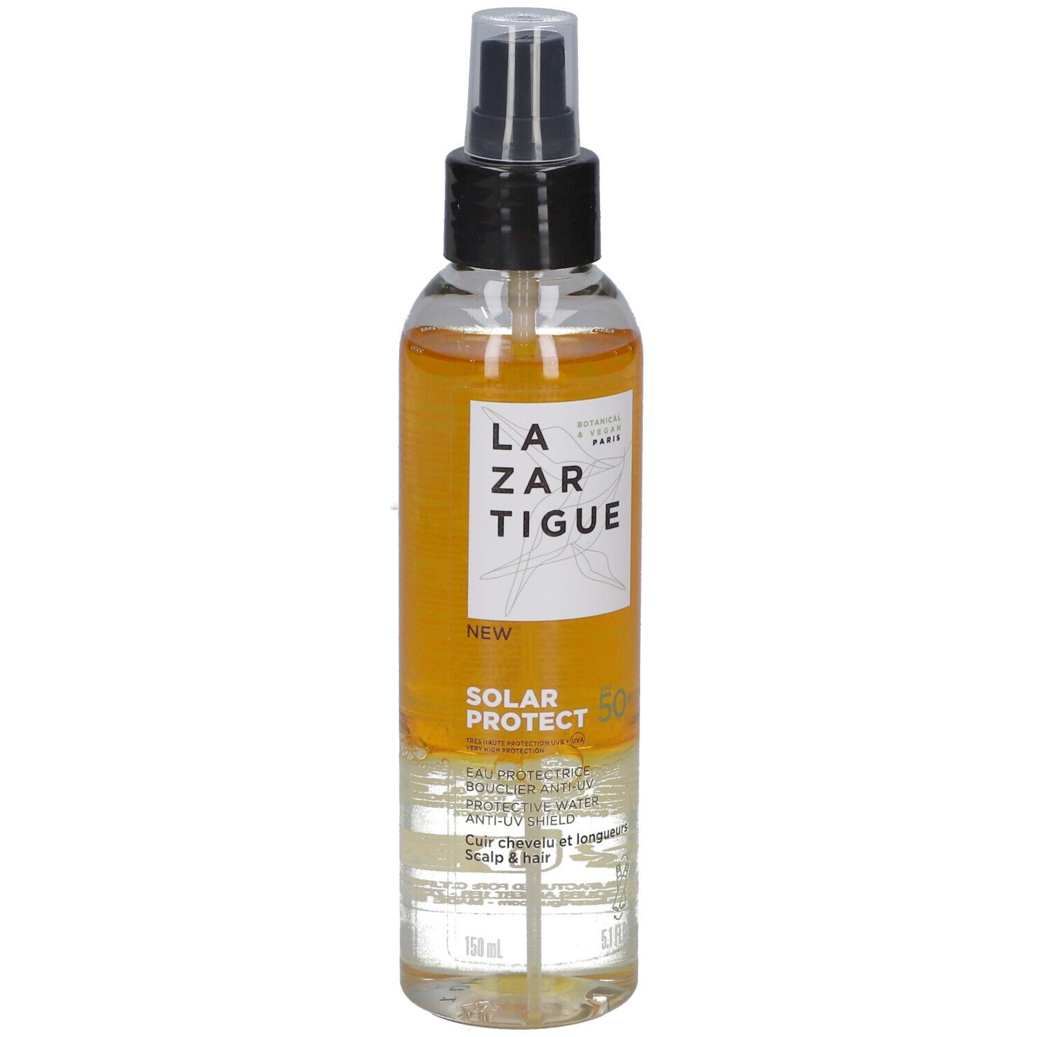 Transparente Flasche mit gelblicher Flüssigkeit und schwarzem Sprühkopf. Aufschrift: LAZARTIGUE, SOLAR PROTECT 50+.