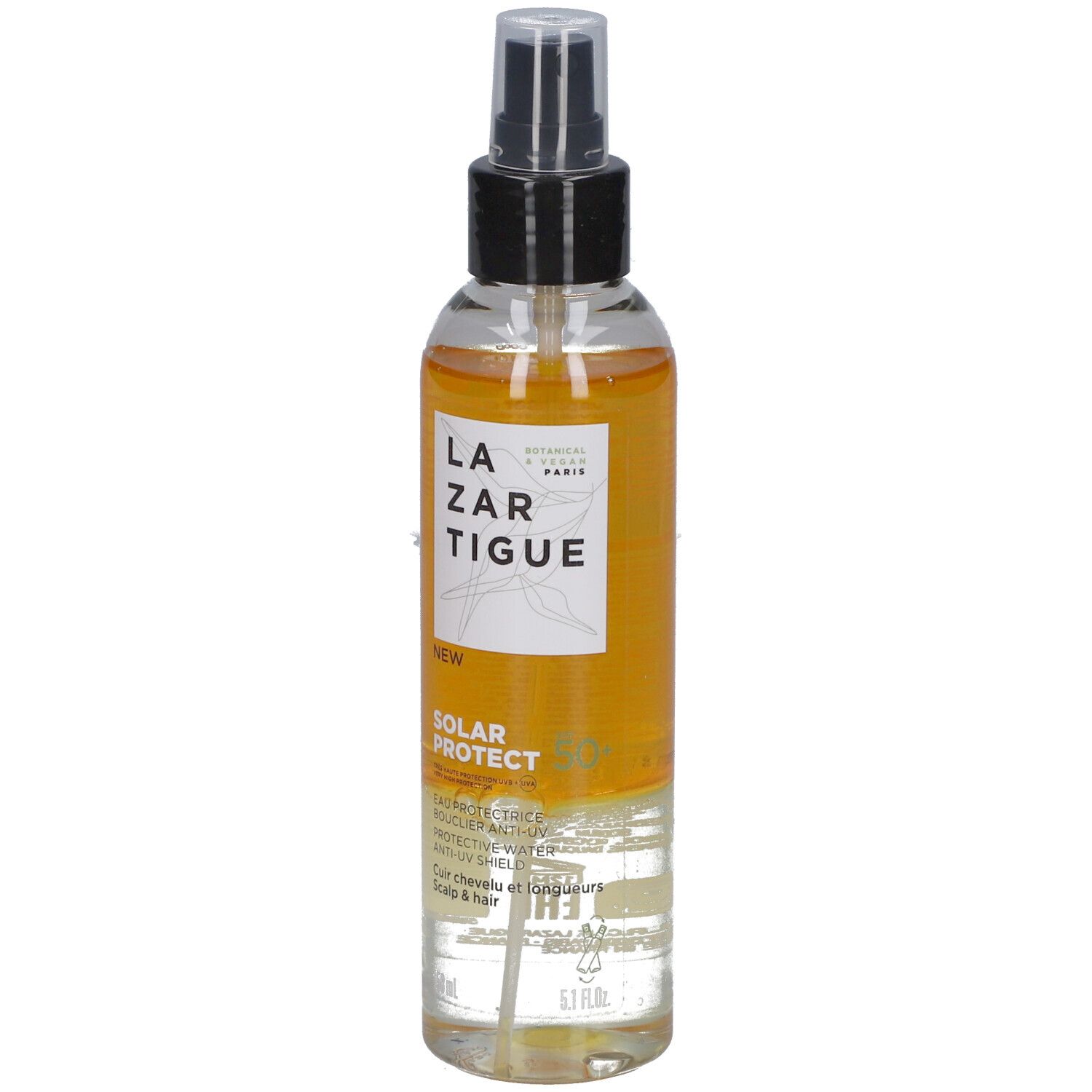 Transparente Flasche mit gelblicher Flüssigkeit und schwarzem Sprühkopf. Aufschrift: LAZARTIGUE, SOLAR PROTECT 50+.
