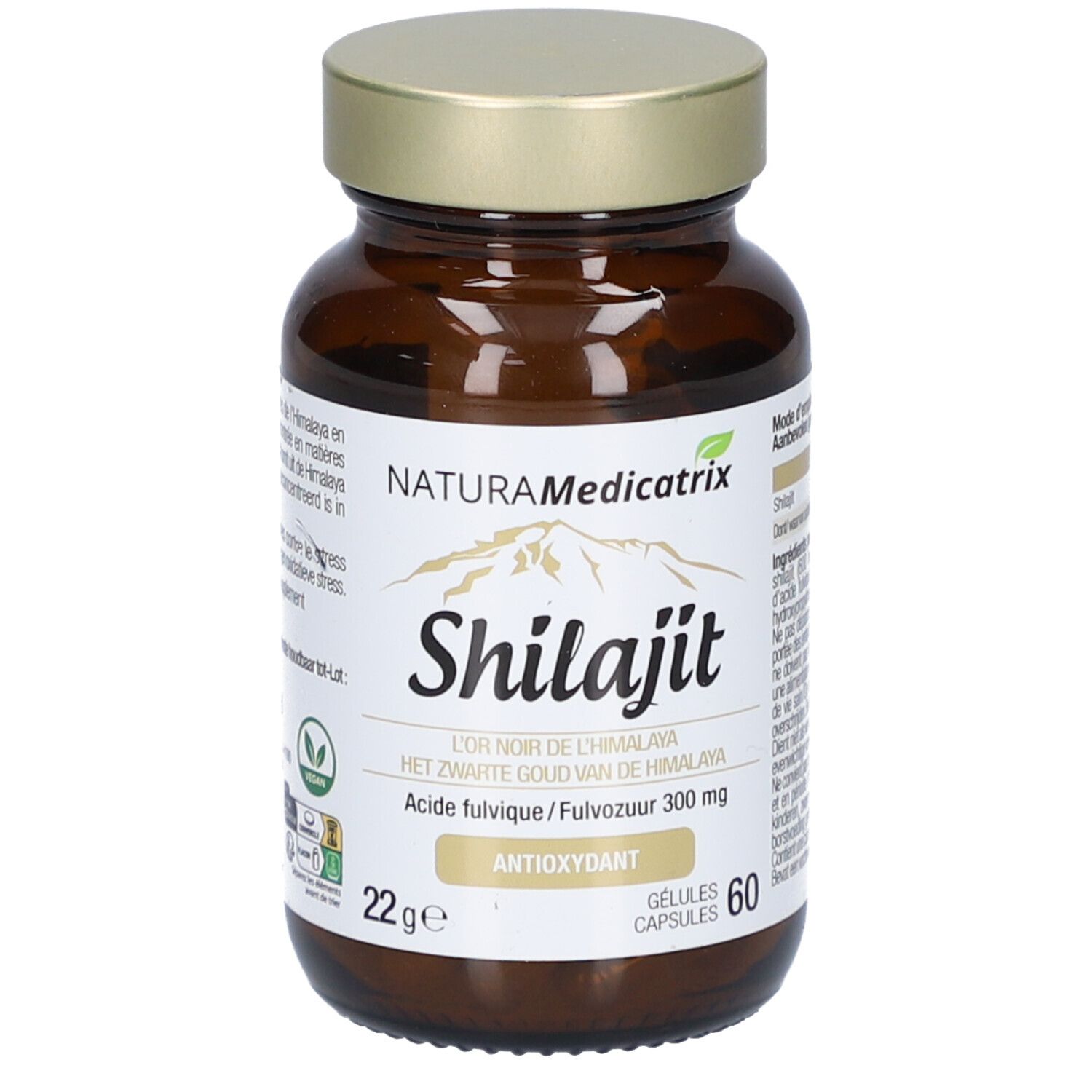 Braune Glasflasche mit goldfarbenem Deckel. Etikett mit Produktname Shilajit und Marke NaturaMedicatrix. 60 Kapseln.