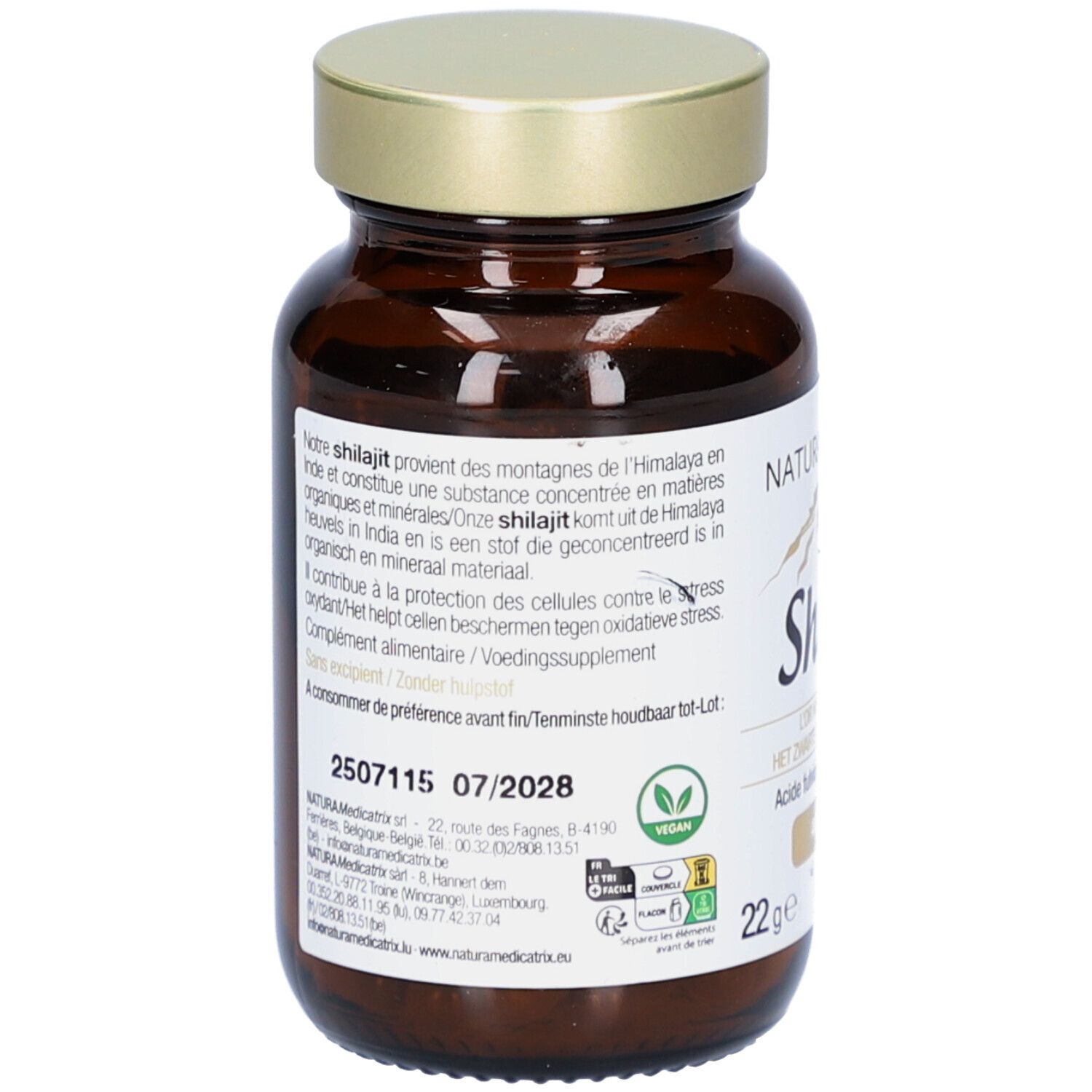 Rückseite der braunen Glasflasche mit goldfarbenem Deckel. Etikett mit Produktinformationen und Haltbarkeitsdatum. Vegan-Siegel.