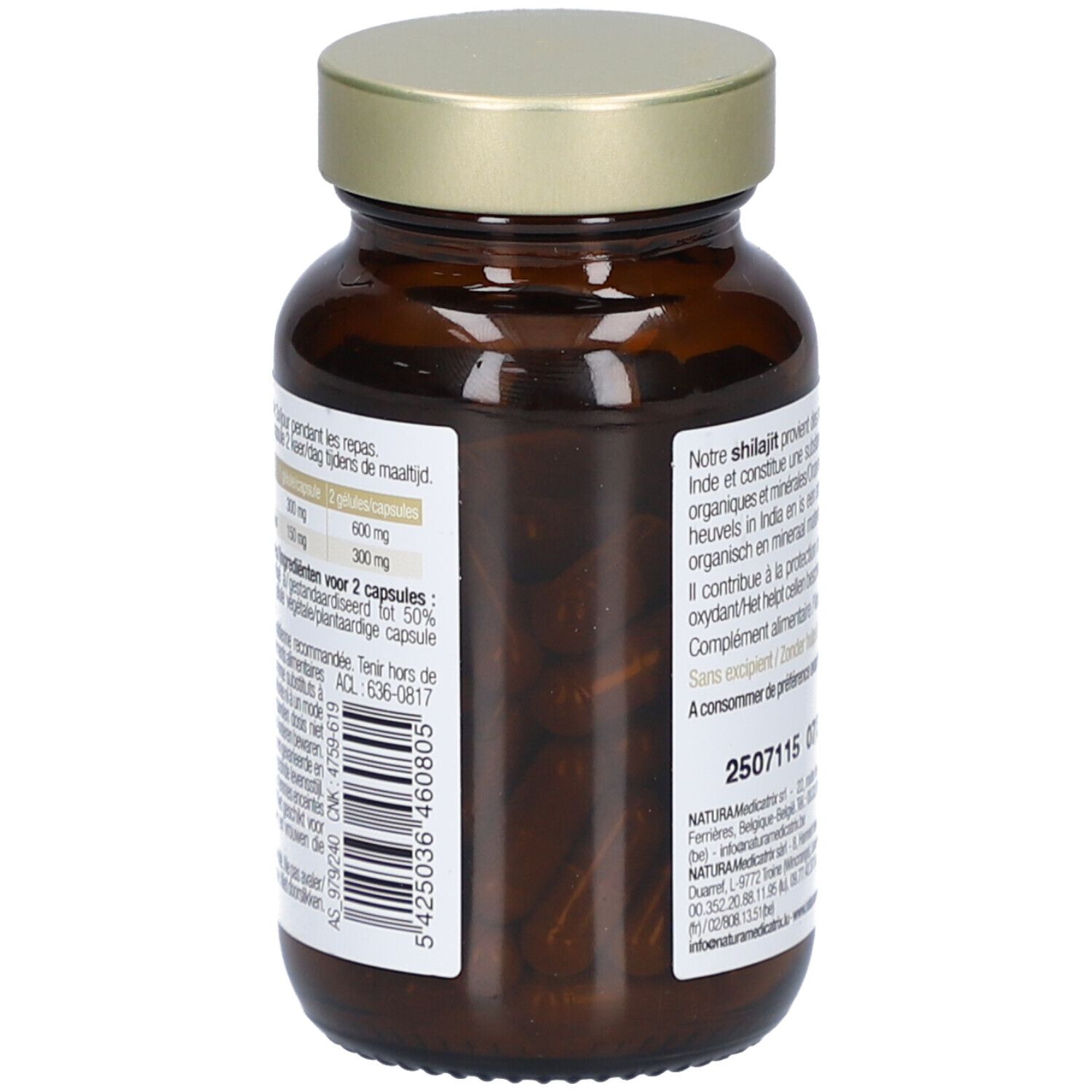 Rückansicht der braunen Glasflasche mit goldfarbenem Deckel. Etikett mit Inhaltsstoffen und Nährwertangaben. Barcode.