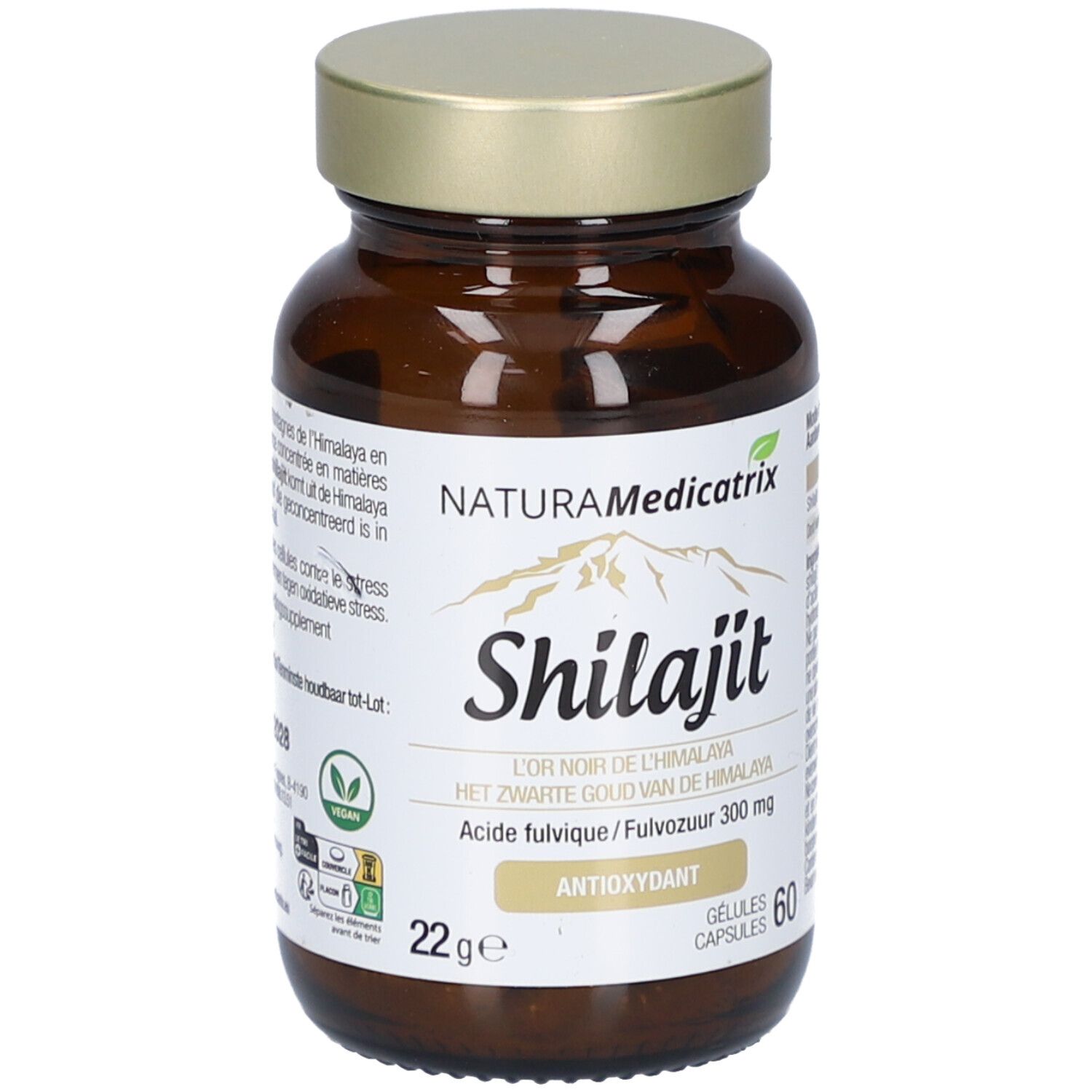 Braune Glasflasche mit goldfarbenem Deckel. Etikett mit Produktname Shilajit und Marke NaturaMedicatrix. 60 Kapseln.