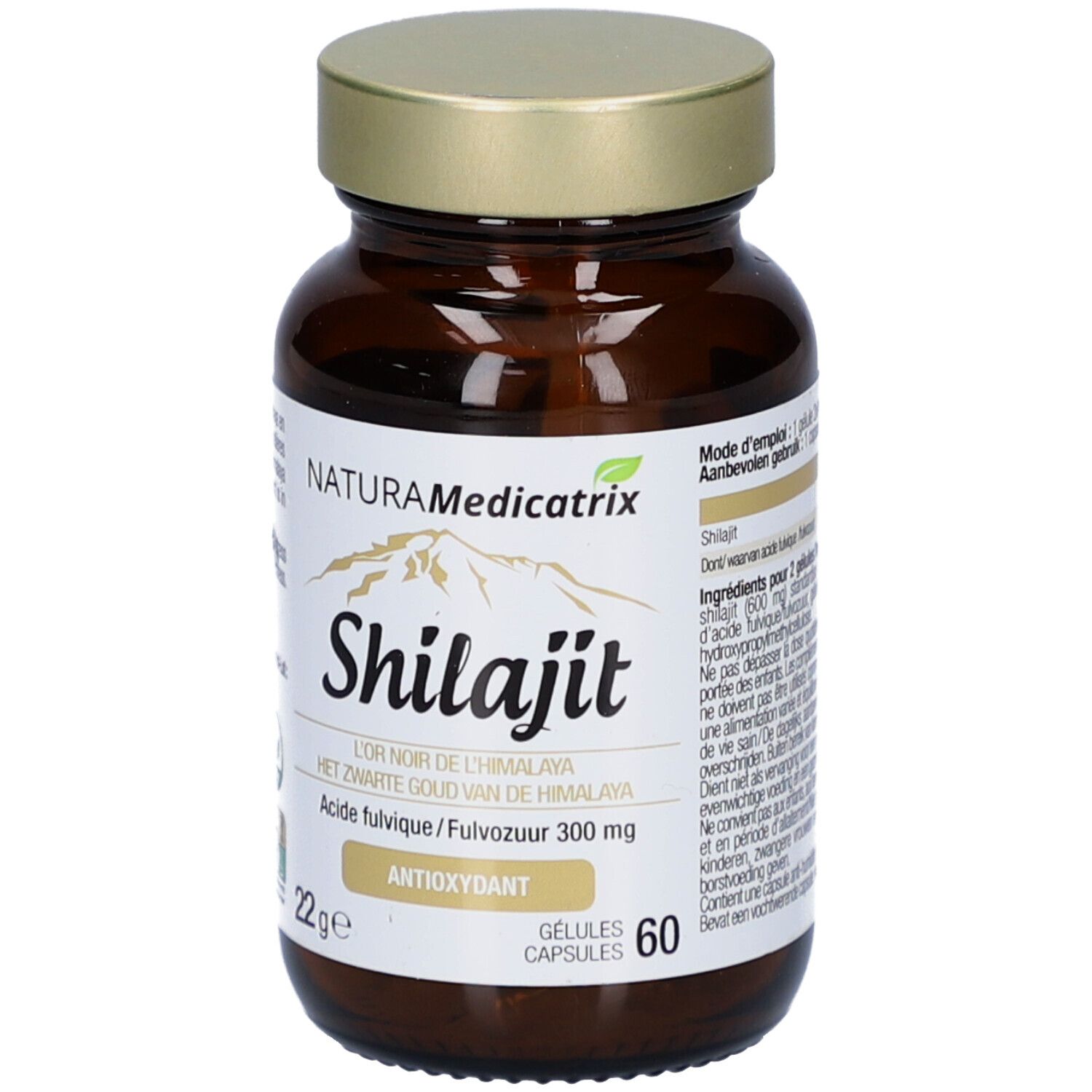 Braune Glasflasche mit goldfarbenem Deckel. Etikett mit Produktname Shilajit und Marke NaturaMedicatrix. 60 Kapseln.