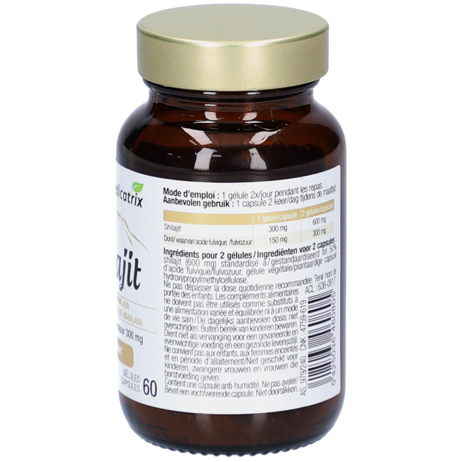 Rückansicht der braunen Glasflasche mit goldfarbenem Deckel. Etikett mit Anweisungen und Inhaltsstoffen. 60 Kapseln.