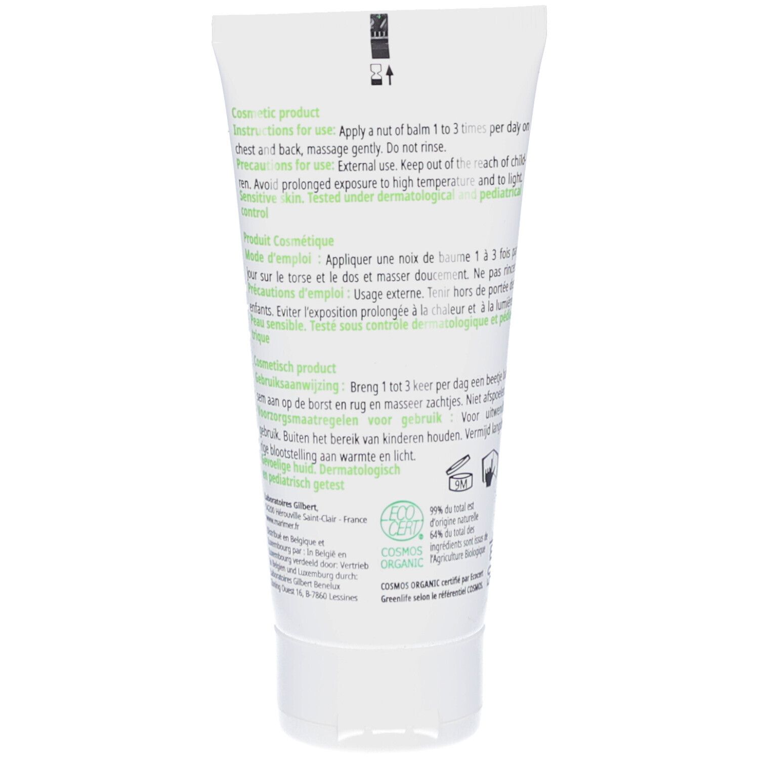 Rückseite der Tube. Text in mehreren Sprachen. Enthält Informationen zur Anwendung und Inhaltsstoffe.