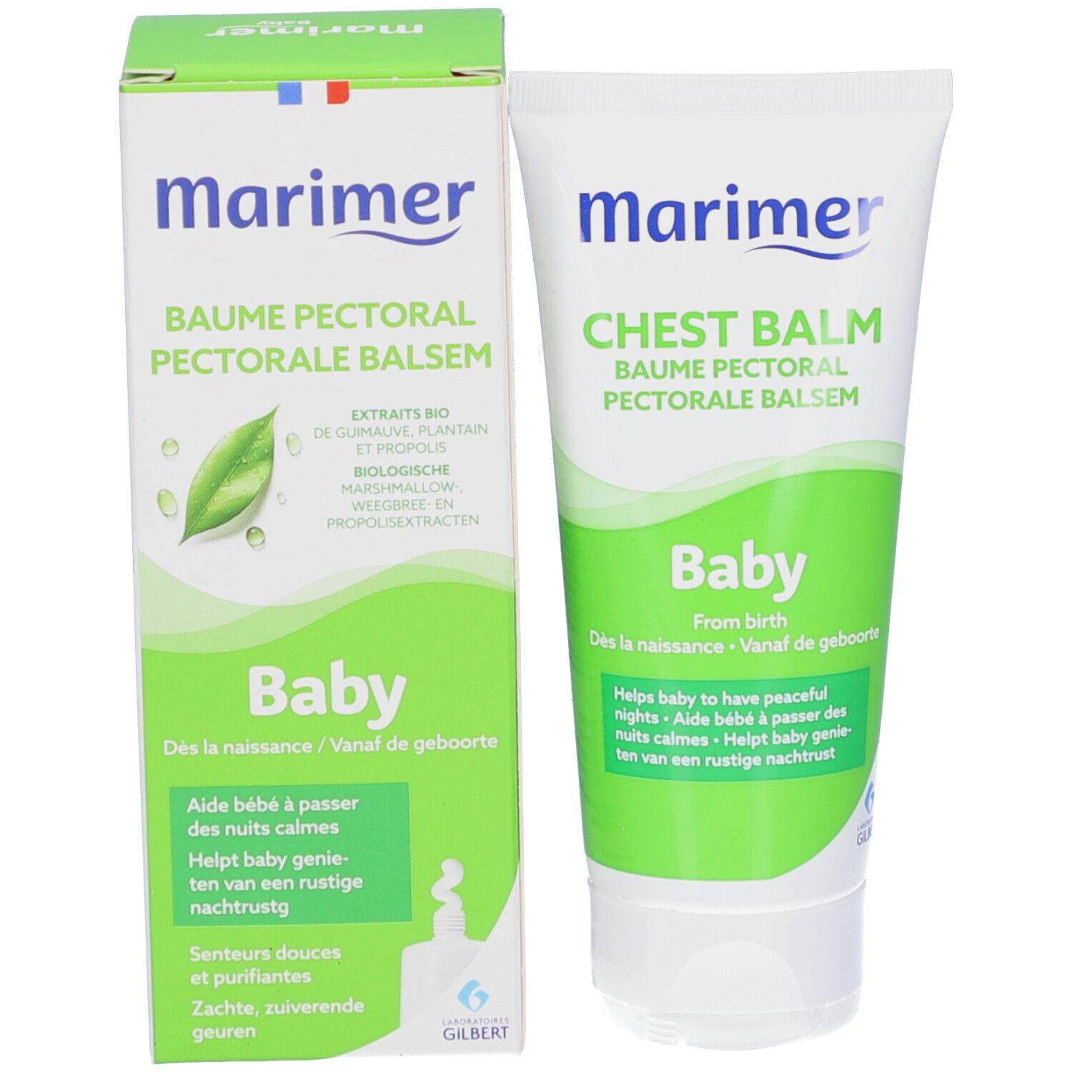 Produktverpackung mit Tube. 'Marimer' und 'Baume Pectoral' Aufschrift. Grüne Schachtel mit Baby-Produkt.