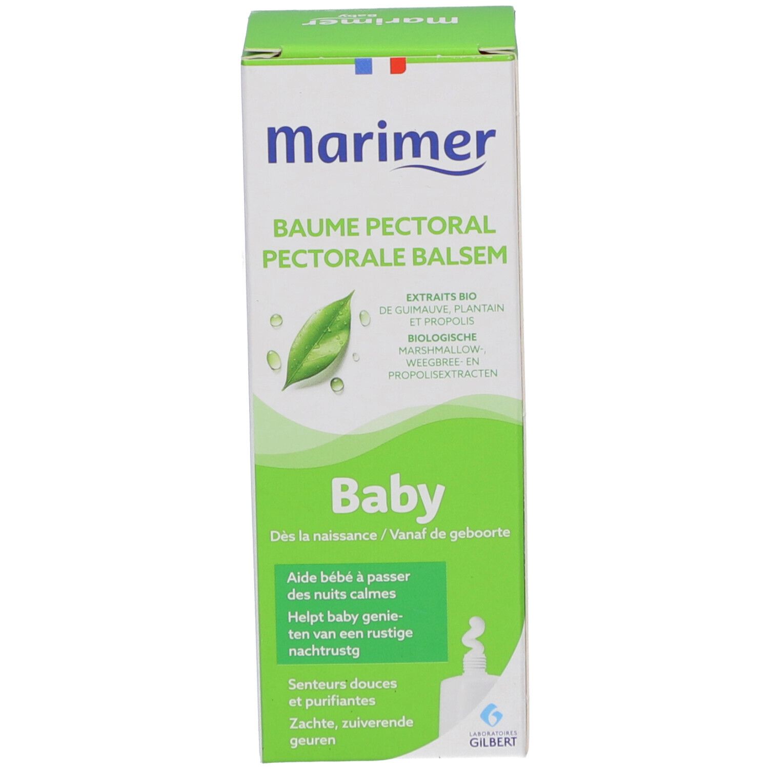 Grüne Schachtel mit 'Marimer' und 'Baume Pectoral' Aufschrift. 'Baby' und Produktbeschreibung in mehreren Sprachen.