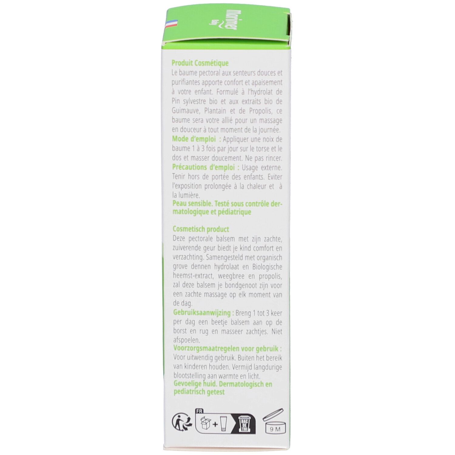 Rückseite der Schachtel. Text in mehreren Sprachen. Enthält Informationen zur Anwendung und Inhaltsstoffe.