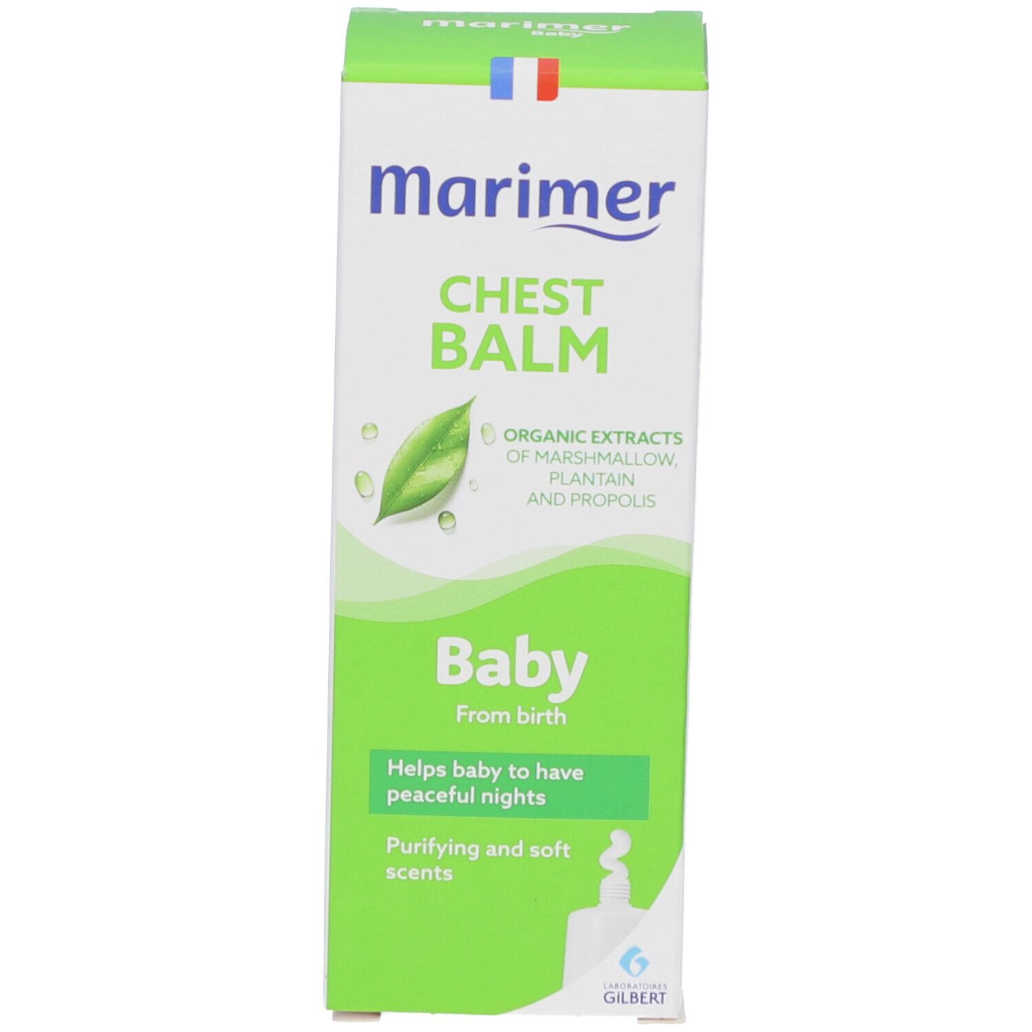 Grüne Schachtel mit 'Marimer' und 'Chest Balm' Aufschrift. 'Baby' und Produktbeschreibung in mehreren Sprachen.