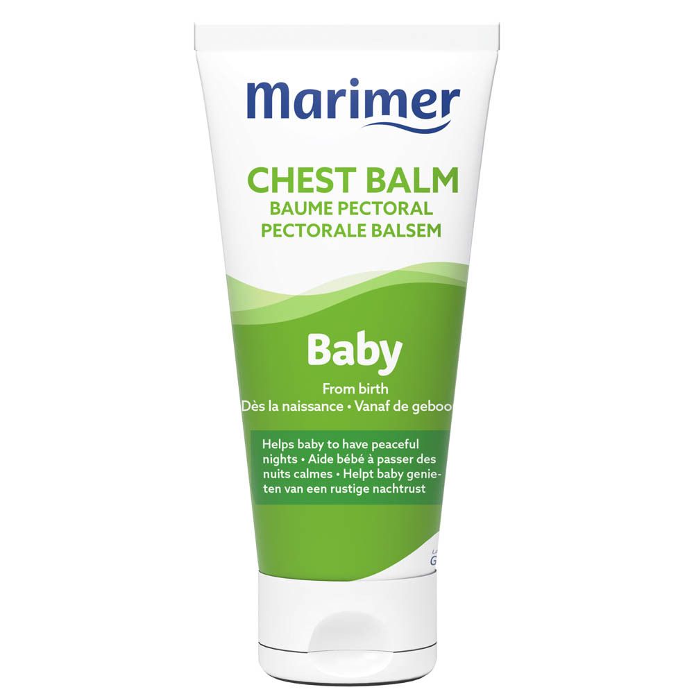Tube blanc et vert 'Marimer' et 'Chest Balm'. 'Baby' et description en plusieurs langues. Bouchon blanc.
