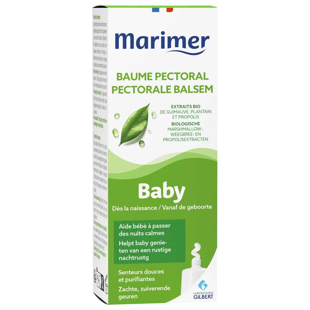 Boîte verte avec 'Marimer' et 'Baume Pectoral'. 'Baby' et description multilingue.