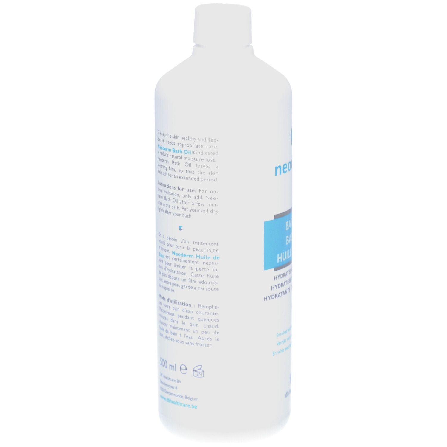 Weiße Flasche mit Text. Text in Deutsch, Französisch und Niederländisch. Enthält Informationen zur Anwendung und Inhaltsstoffe.