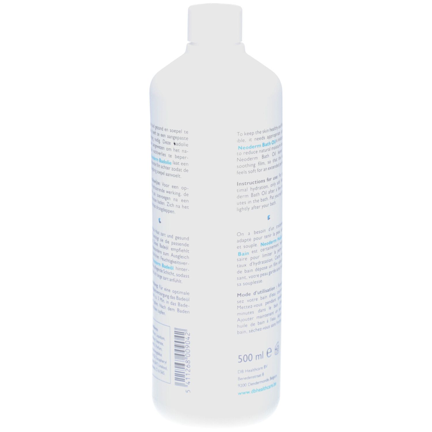 Weiße Flasche mit Text. Text in Deutsch, Französisch und Niederländisch. Enthält Informationen zur Anwendung und Inhaltsstoffe.