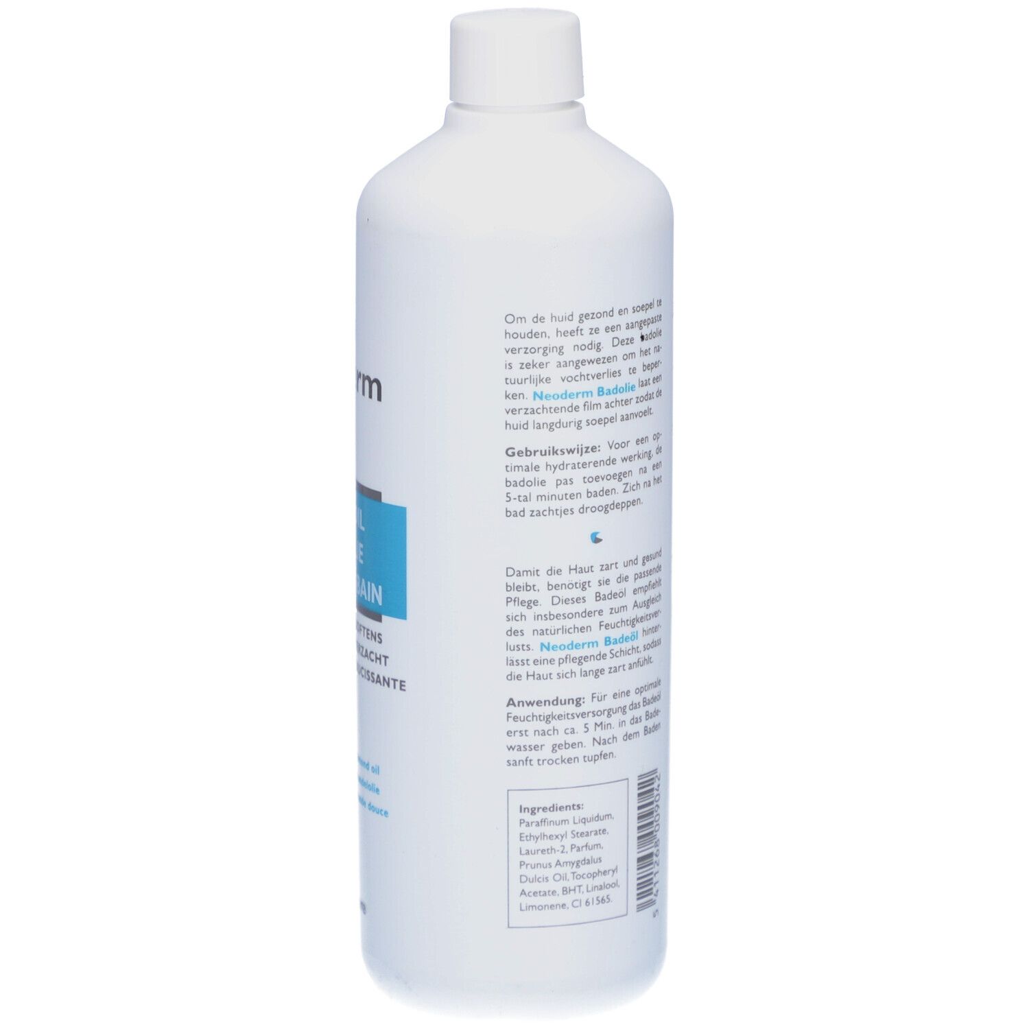 Weiße Flasche mit Text. Text in Deutsch, Französisch und Niederländisch. Enthält Informationen zur Anwendung und Inhaltsstoffe.