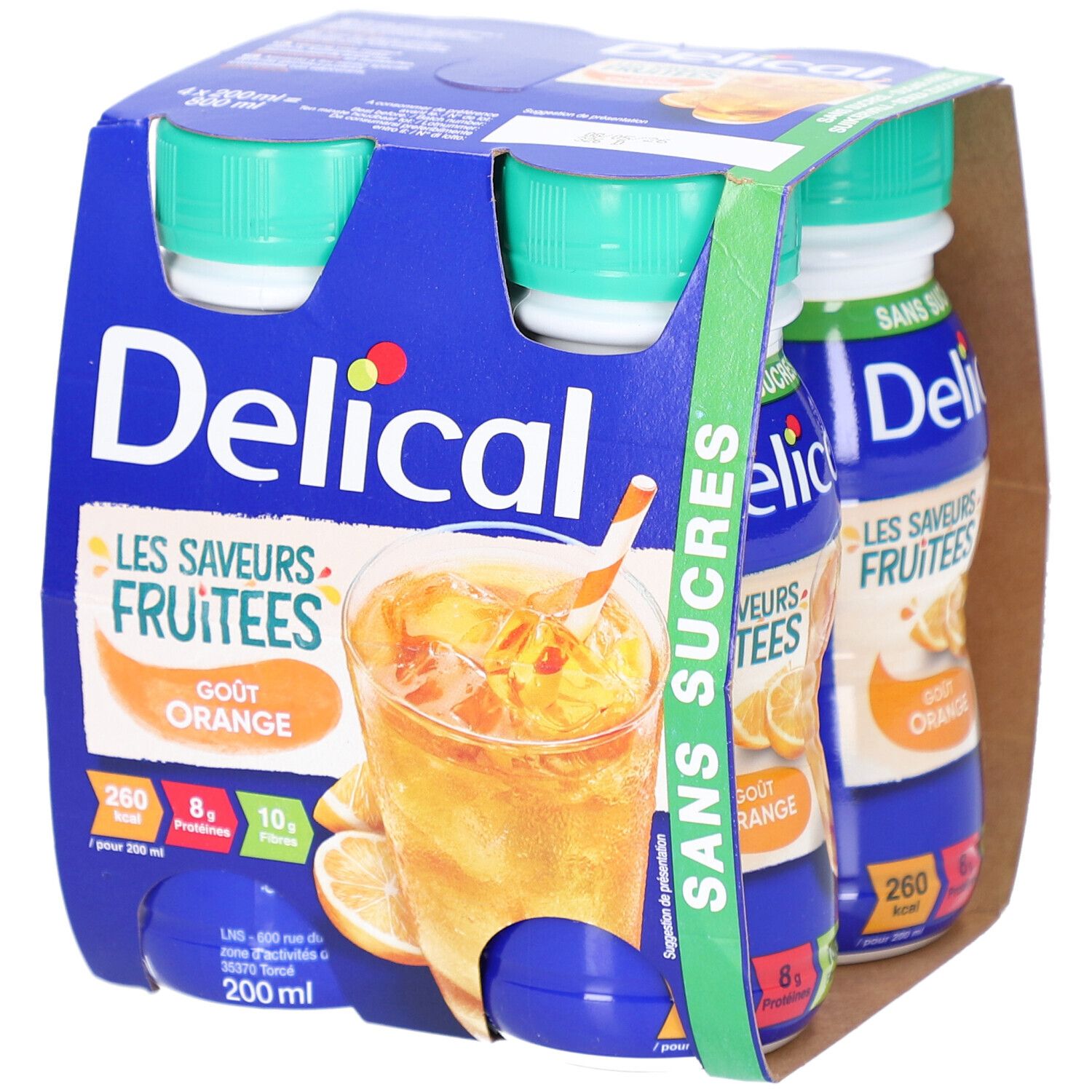 Packung mit vier Flaschen Delical, Geschmack Orange. Blaue Verpackung, grüne Deckel. Abbildung eines Getränks.