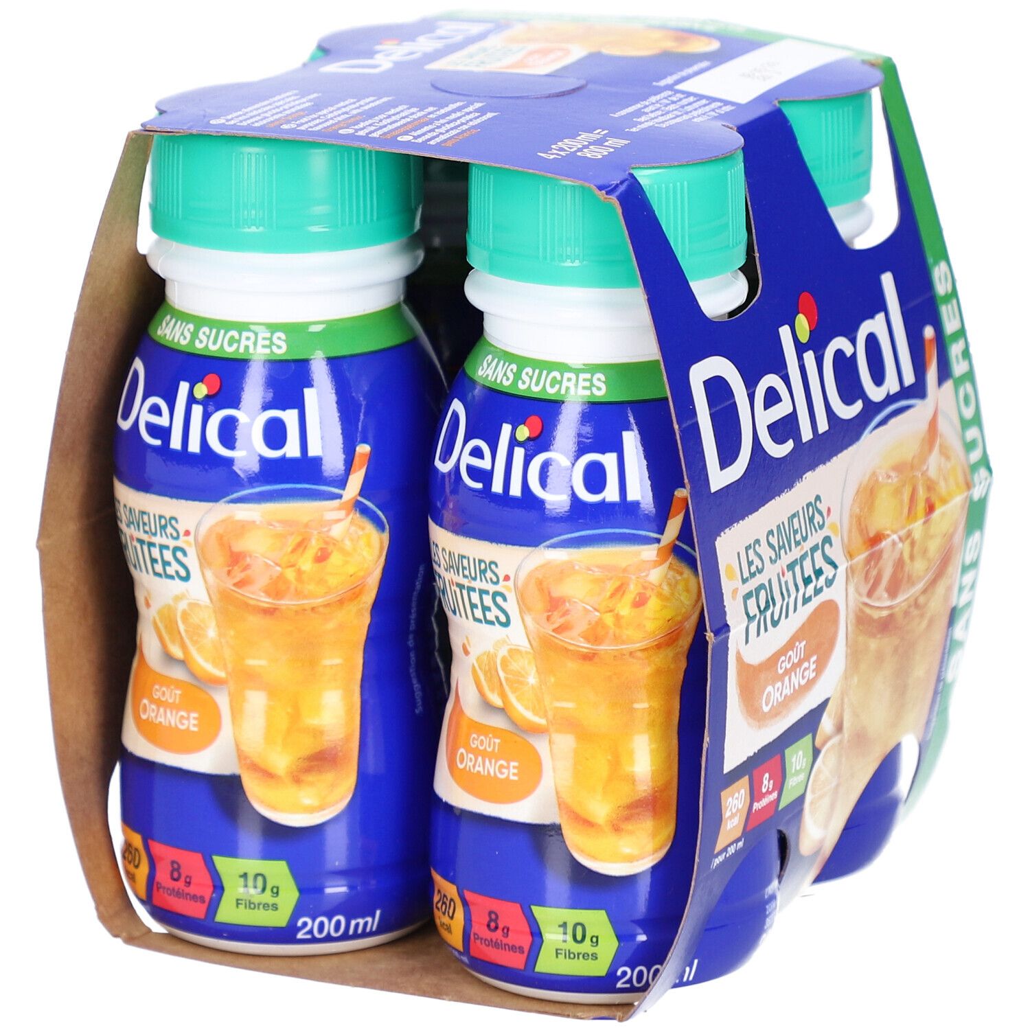 Packung mit vier Flaschen Delical, Geschmack Orange. Blaue Verpackung, grüne Deckel. Getränke-Illustration.