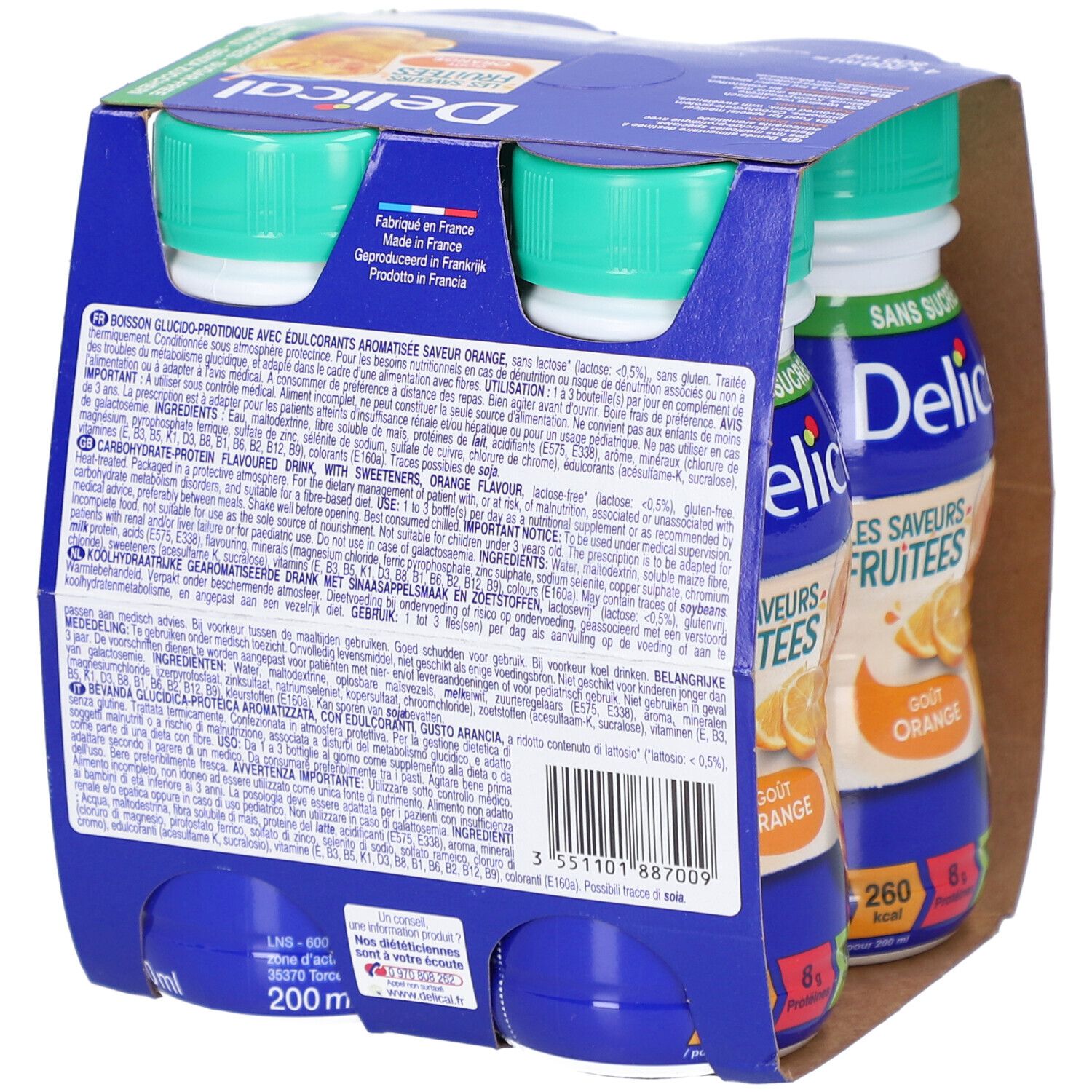 Rückseite der Packung mit vier Flaschen Delical, Geschmack Orange. Blaue Verpackung, grüne Deckel. Textinformationen.