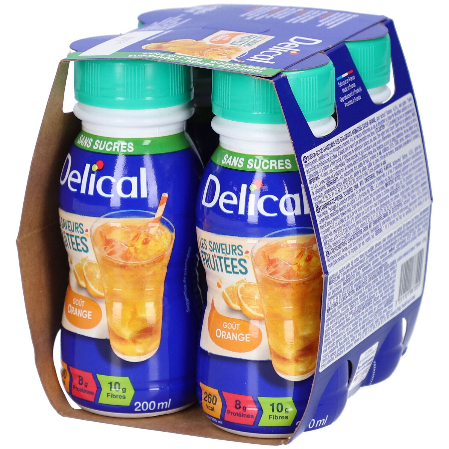 Packung mit vier Flaschen Delical, Geschmack Orange. Blaue Verpackung, grüne Deckel. Getränke-Illustration.