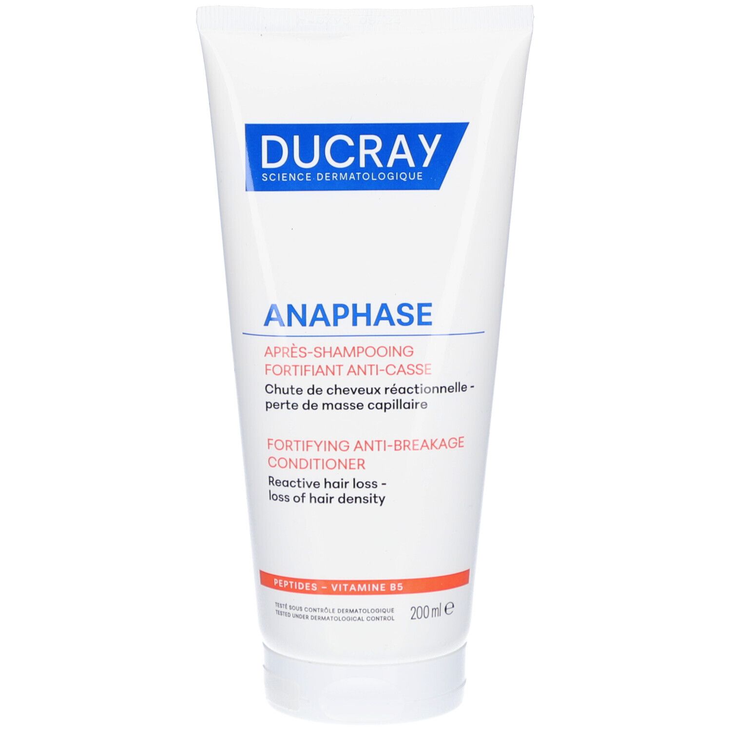 Weiße Tube mit Ducray-Logo und Produktnamen Anaphase+. Text in Französisch und Englisch.