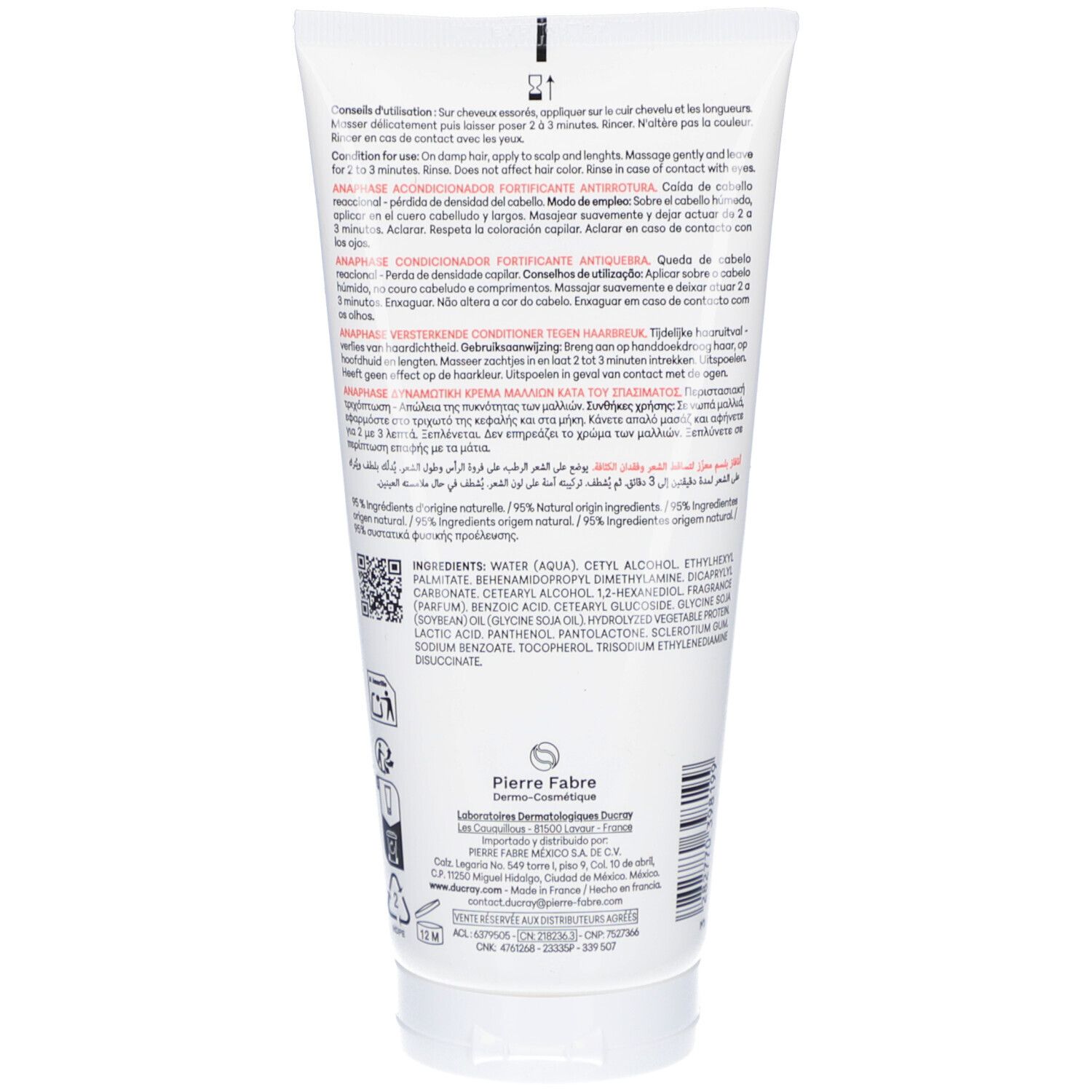 Rückseite der Tube. Text in mehreren Sprachen. Inhaltsstoffe und Gebrauchsanweisung.