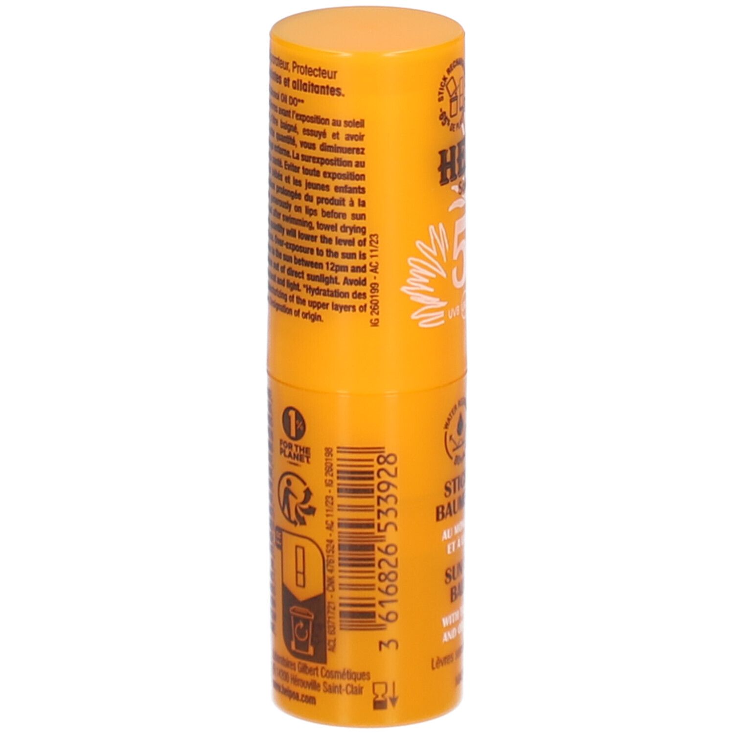 Gelber Lippenpflegestift. Rückseite mit Text und Barcode. Text: Hei Poa, Stick Lèvres Baume-en-Huile, Sun Lipstick Balm-in-Oil.