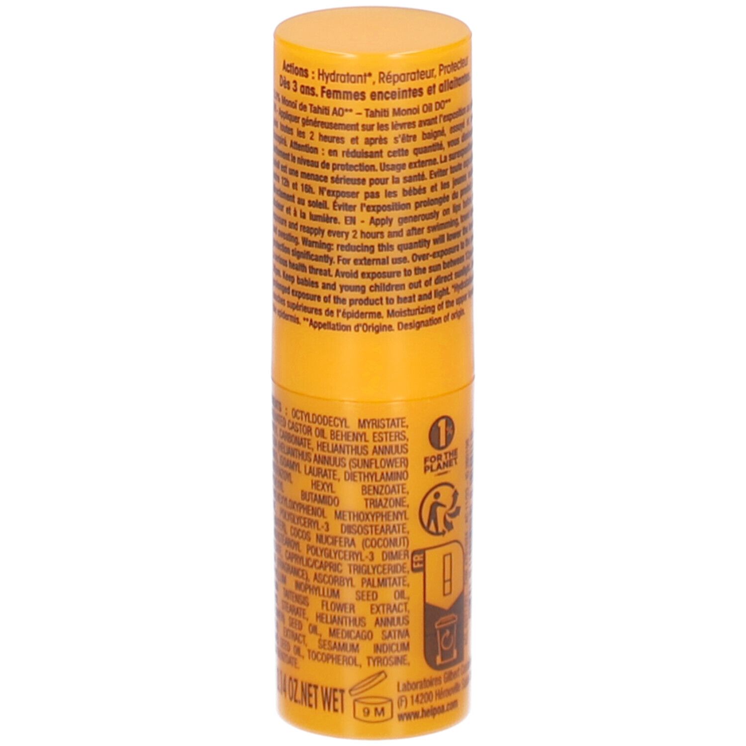 Gelber Lippenpflegestift. Rückseite mit Text. Text: Hei Poa, Stick Lèvres Baume-en-Huile, Sun Lipstick Balm-in-Oil, Inhaltsstoffe.