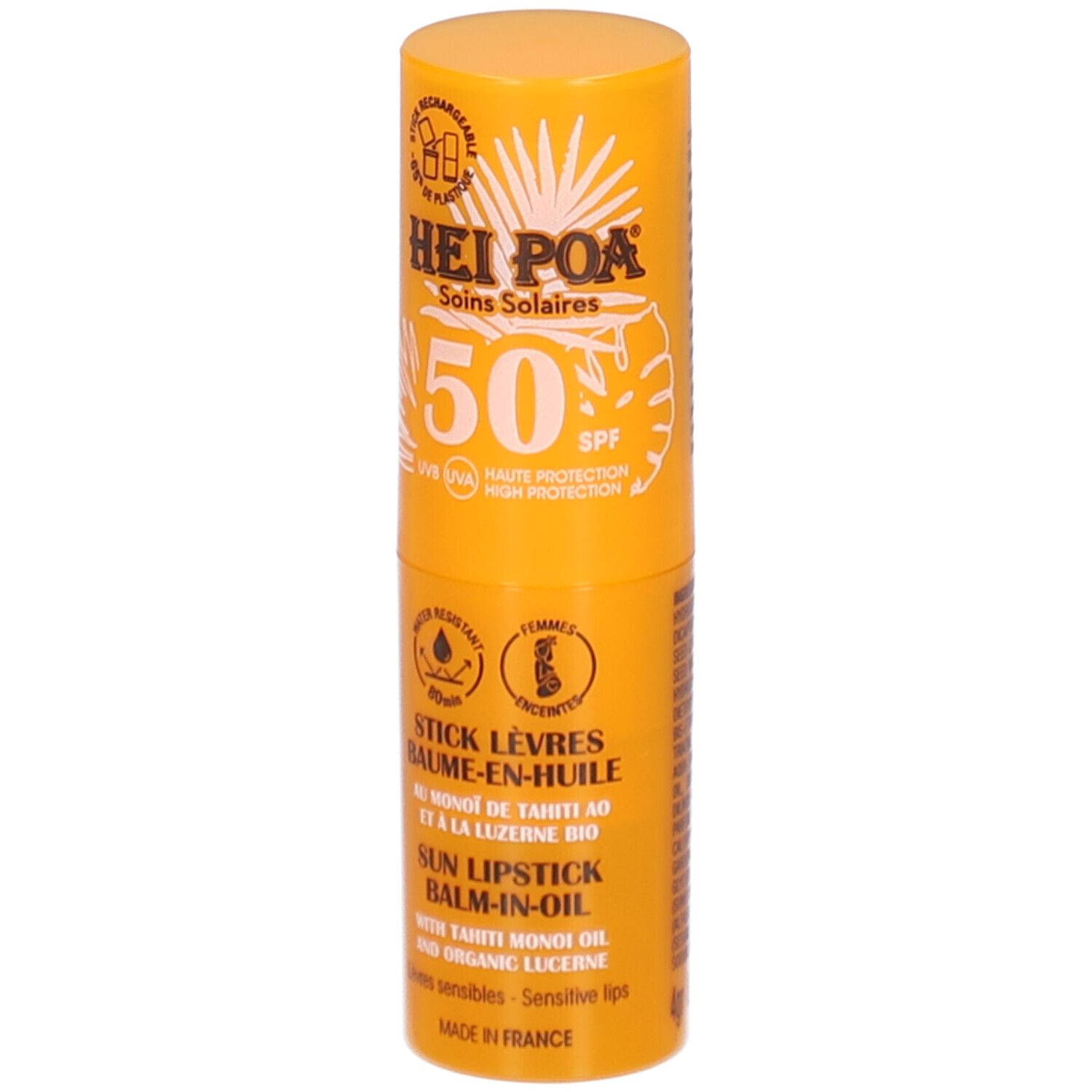 Gelber Lippenpflegestift mit SPF 50. Text: Hei Poa, Soins Solaires, Stick Lèvres Baume-en-Huile, Sun Lipstick Balm-in-Oil.