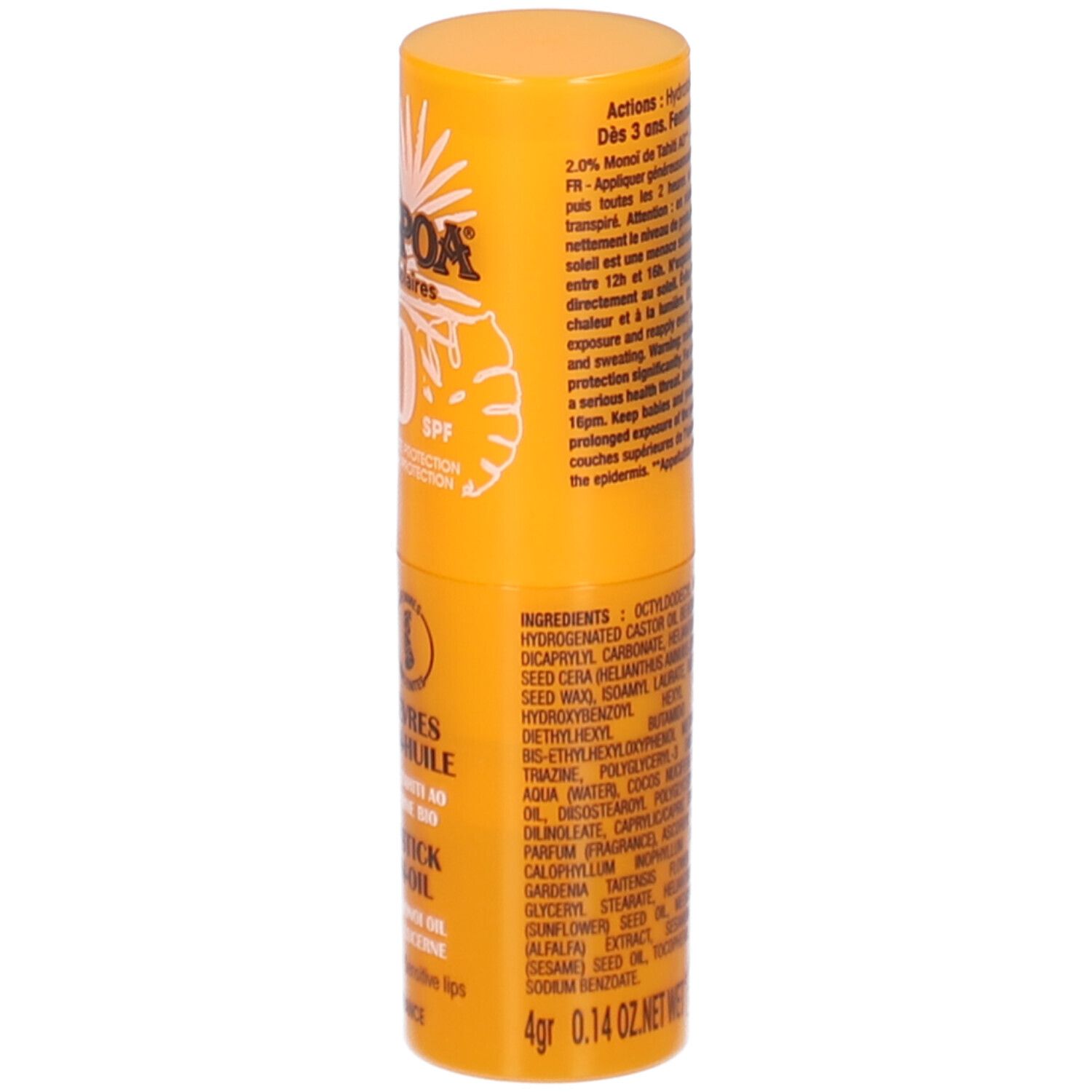 Gelber Lippenpflegestift mit SPF 50. Rückseite mit Text. Text: Hei Poa, Stick Lèvres Baume-en-Huile, Sun Lipstick Balm-in-Oil, 4g.