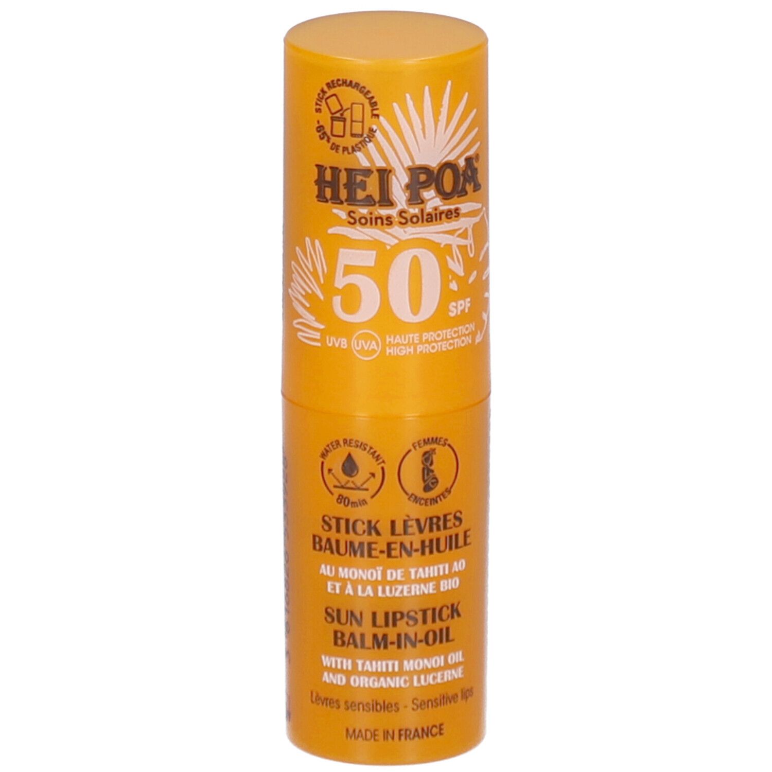 Gelber Lippenpflegestift mit SPF 50. Text: Hei Poa, Soins Solaires, Stick Lèvres Baume-en-Huile, Sun Lipstick Balm-in-Oil.