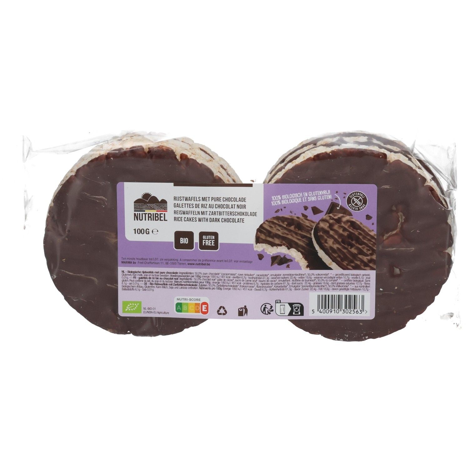 Verpackung mit Reiswaffeln mit Zartbitterschokolade. Sichtbar: Marke, Produktname, Bio-Siegel, glutenfrei.