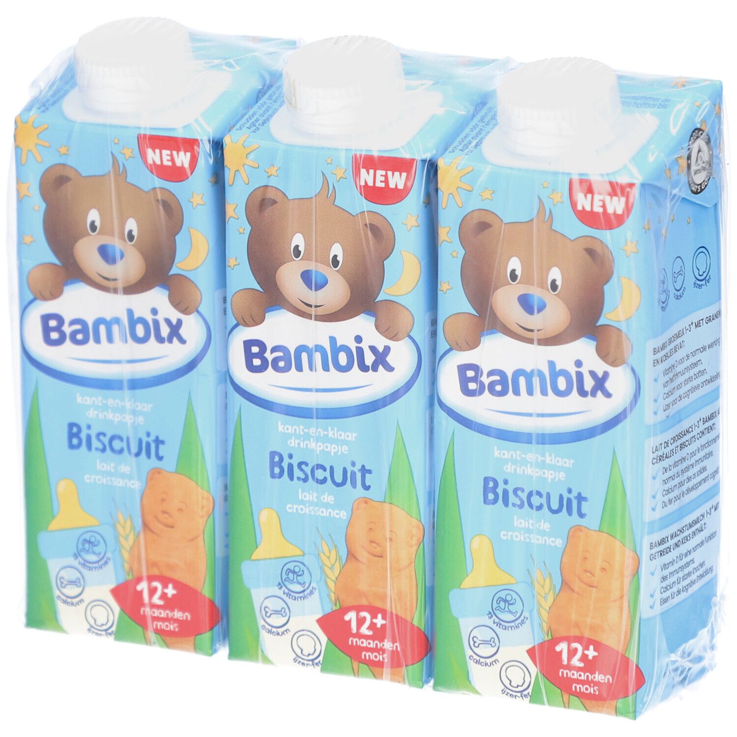 Drei Packungen Bambix Lait de Croissance Biscuit 12+ mois, in Folie verpackt. Jede Packung zeigt einen Bären und Produktinformationen.