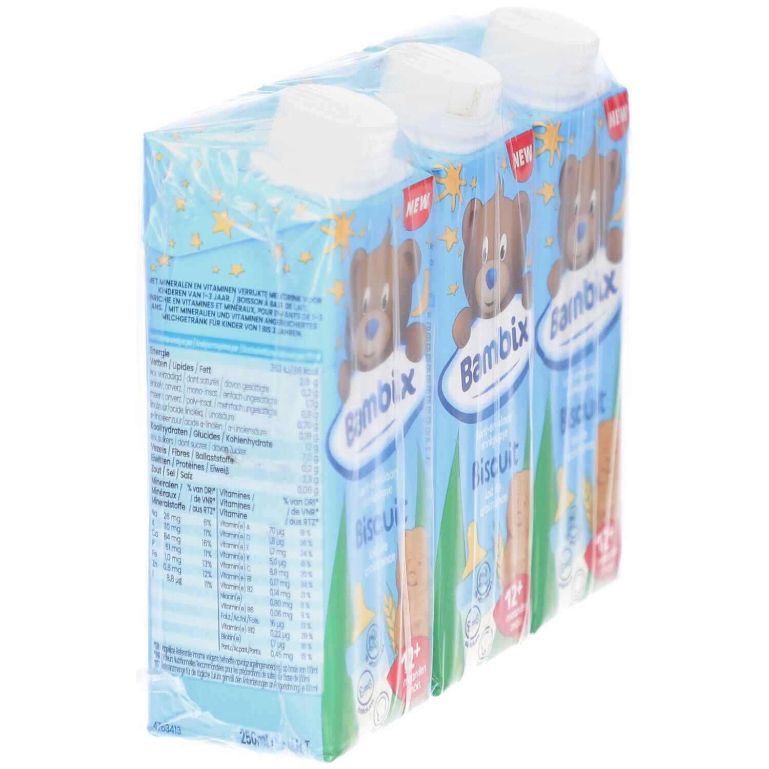 Verpackung von drei Bambix Lait de Croissance Biscuit 12+ mois. Rückseite mit Nährwertangaben und Produktinformationen.