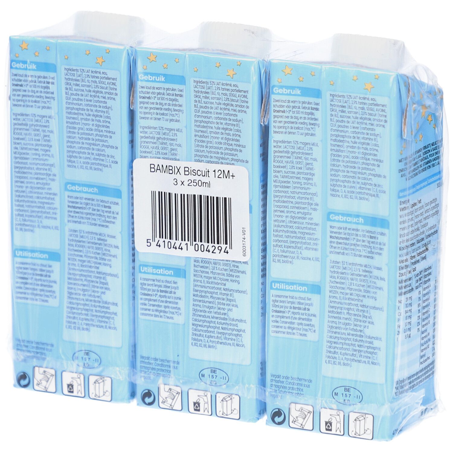 Rückseite der Verpackung von drei Bambix Lait de Croissance Biscuit 12+ mois. Barcode und Produktinformationen.