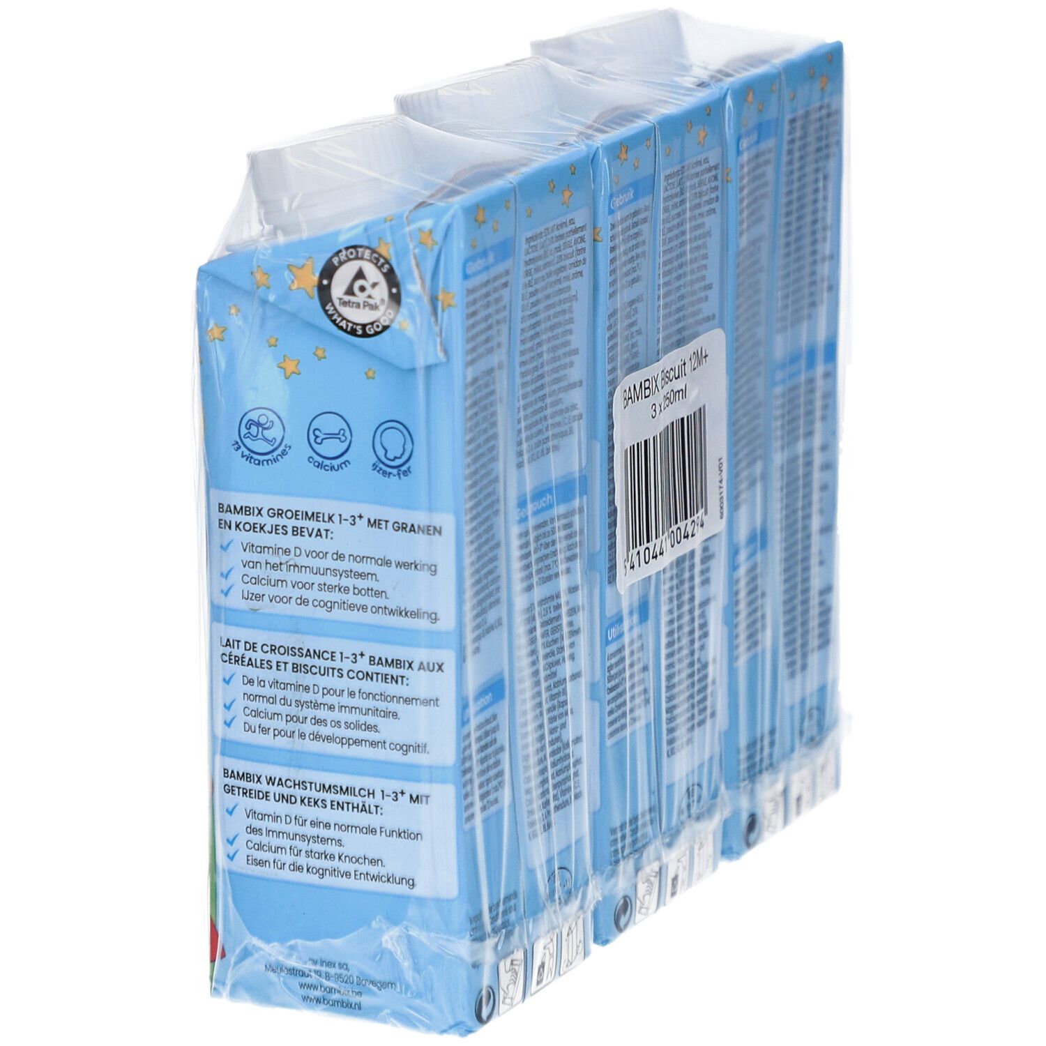 Verpackung von neun Bambix Lait de Croissance Biscuit 12+ mois. Rückseite mit Produktinformationen und Logos.
