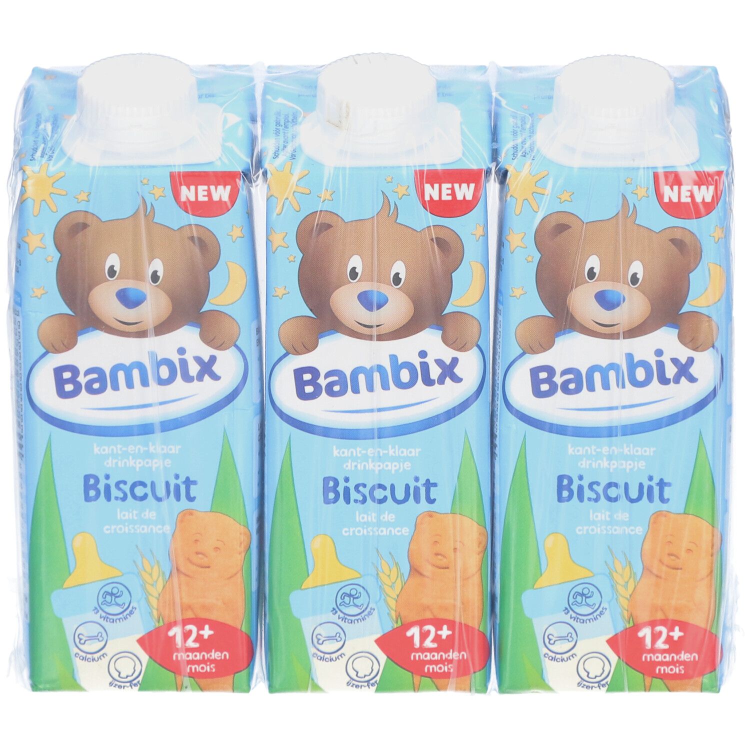 Drei Packungen Bambix Lait de Croissance Biscuit 12+ mois, in Folie verpackt. Jede Packung zeigt einen Bären und Produktinformationen.